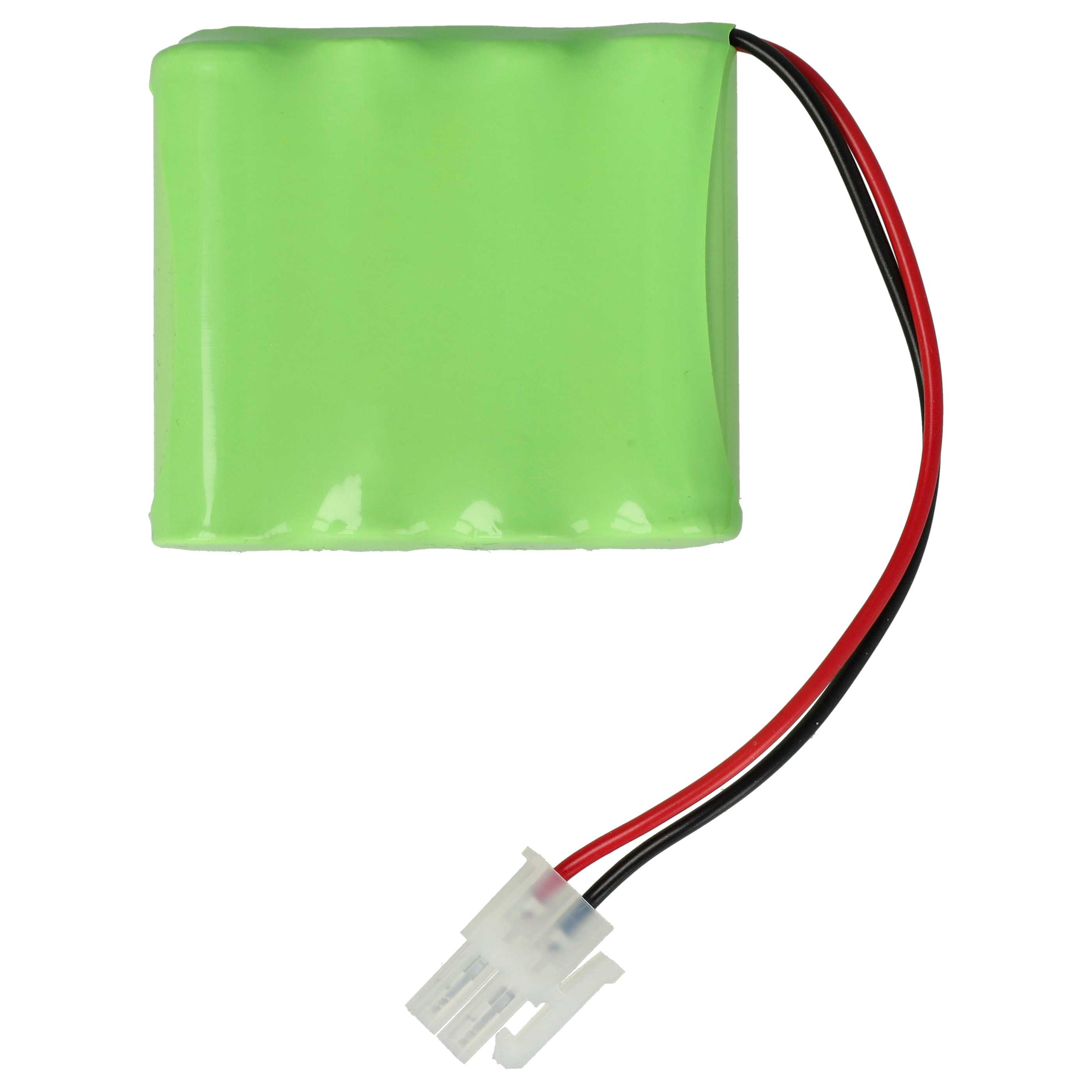 Ein grünes Batteriepaket mit schwarzen und roten Drähten, die in einem weißen Stecker enden. Der Hintergrund ist weiß.