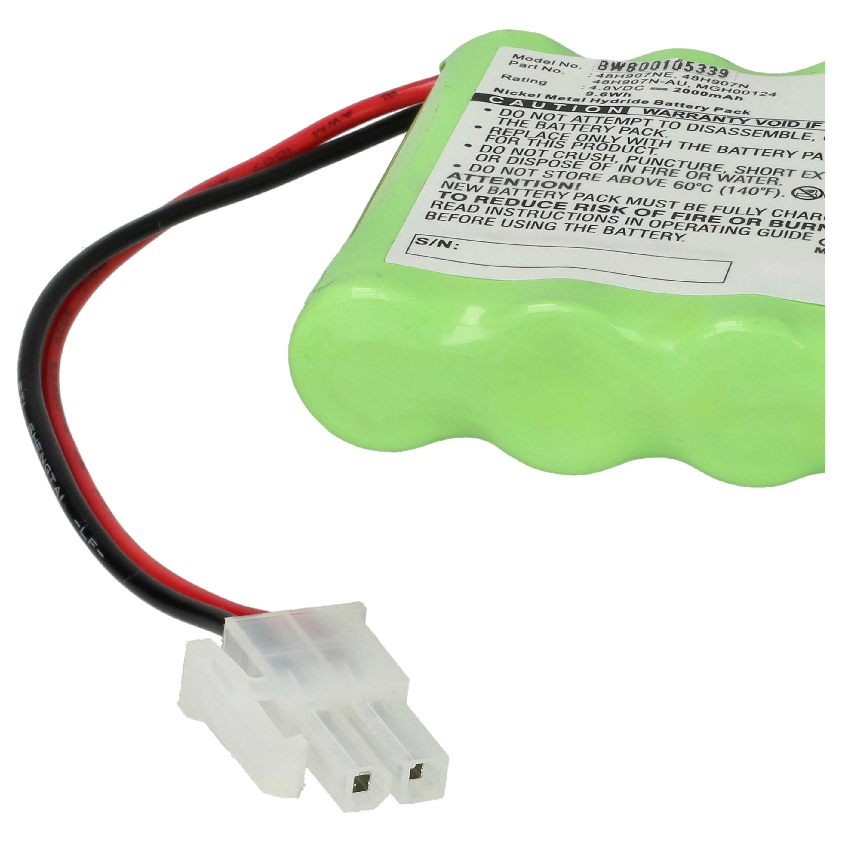 Grüner Akku mit schwarzen und roten Drähten und einem weißen Stecker. Text steht auf dem Akku.