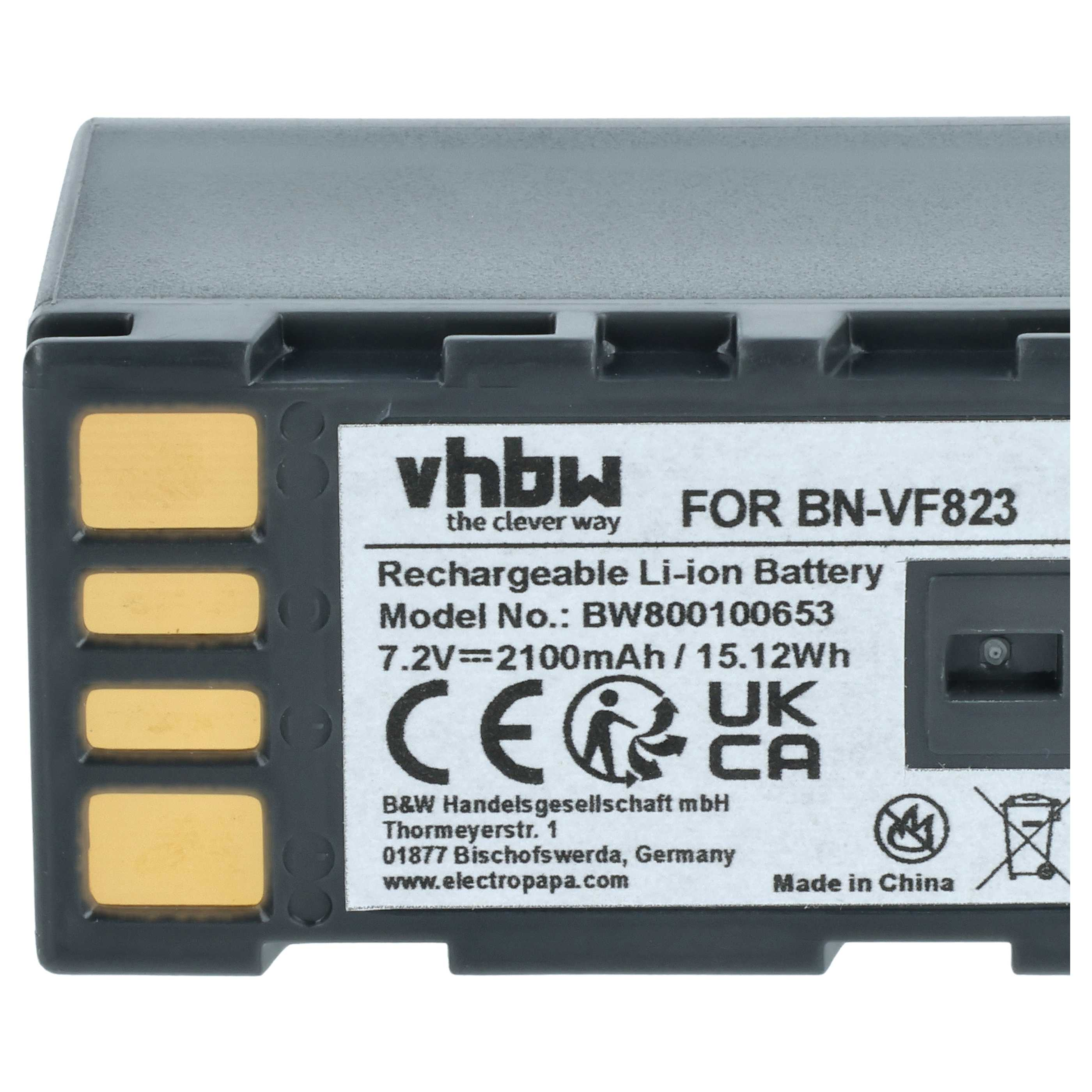 Ein grauer Akku mit weißem Etikett. Text enthält 'vhbw', 'Rechargeable Li-ion Battery' und 'Made in China'.