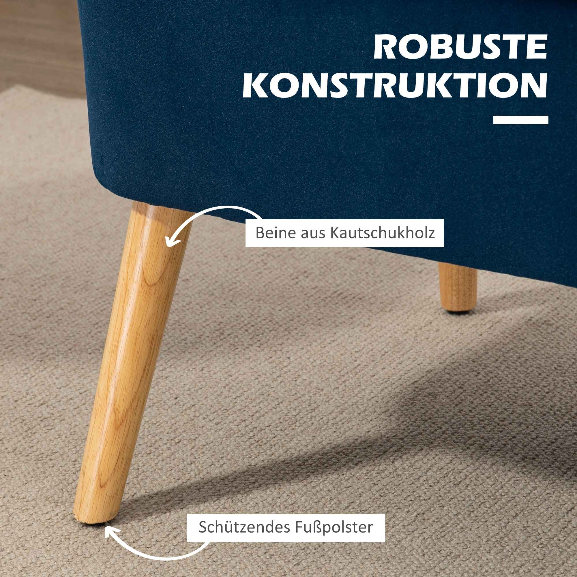 Nahaufnahme eines blauen Stuhlbeins aus Kautschukholz. Es hat ein schützendes Fußpolster und steht auf einem beigen Teppich.