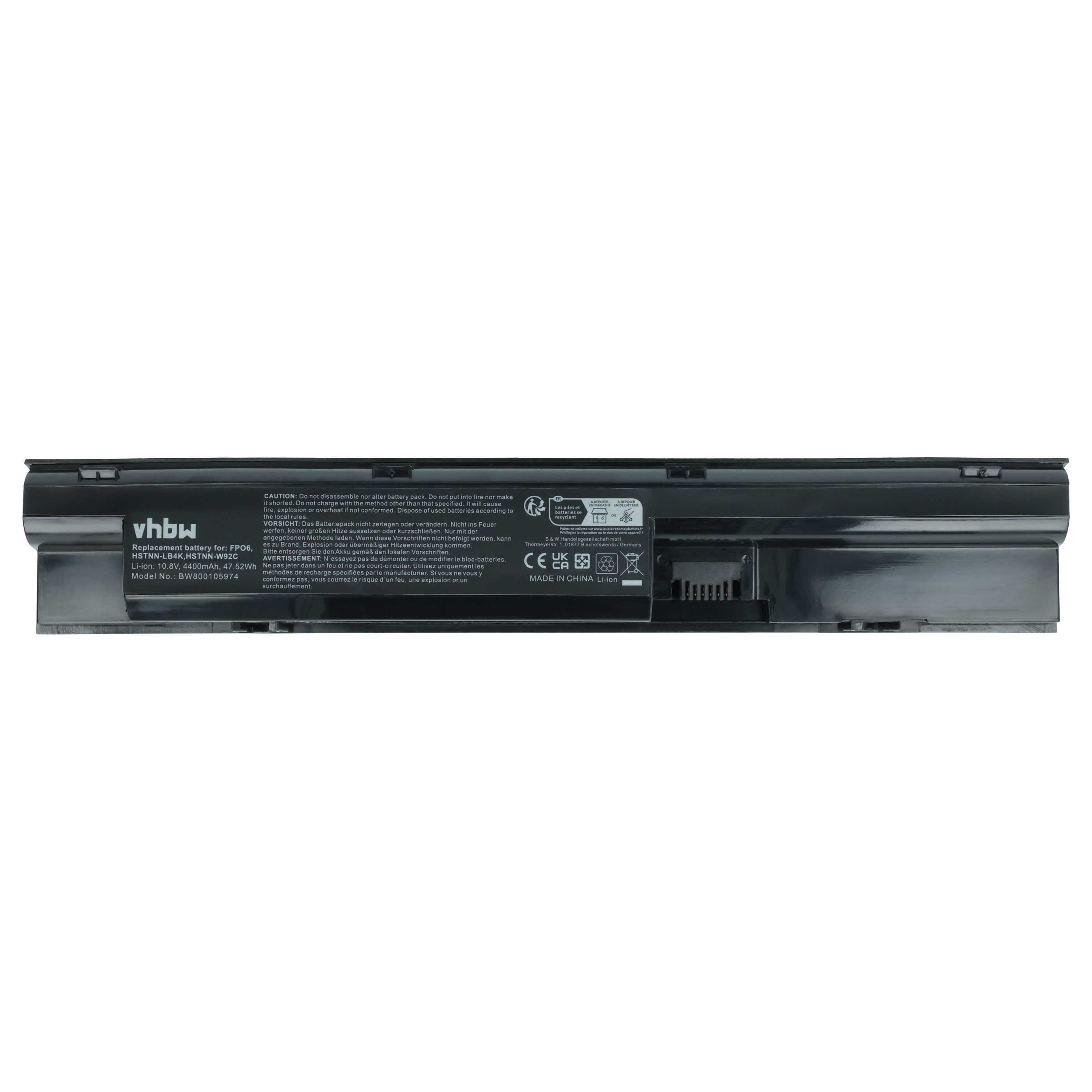 Schwarzer Laptop-Akku mit weißem Hintergrund und Text. Enthält vhbw-Logo und Warnhinweise.