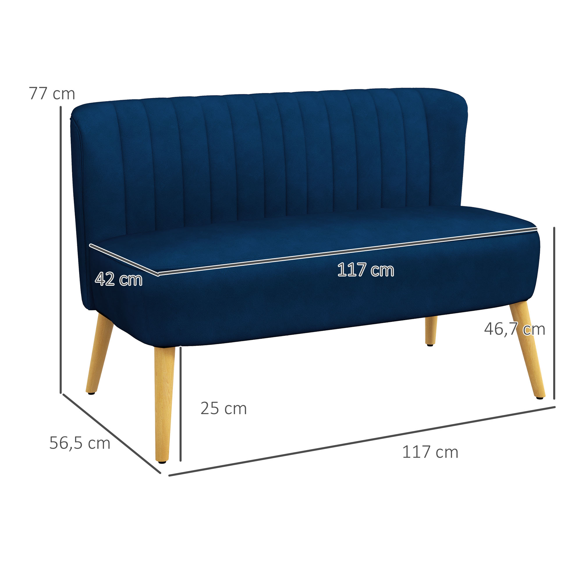 Ein blaues Samtsofa mit Holzbeinen. Abmessungen: 77 cm hoch, 117 cm breit, 56,5 cm tief. Der Sitz ist 42 cm tief.