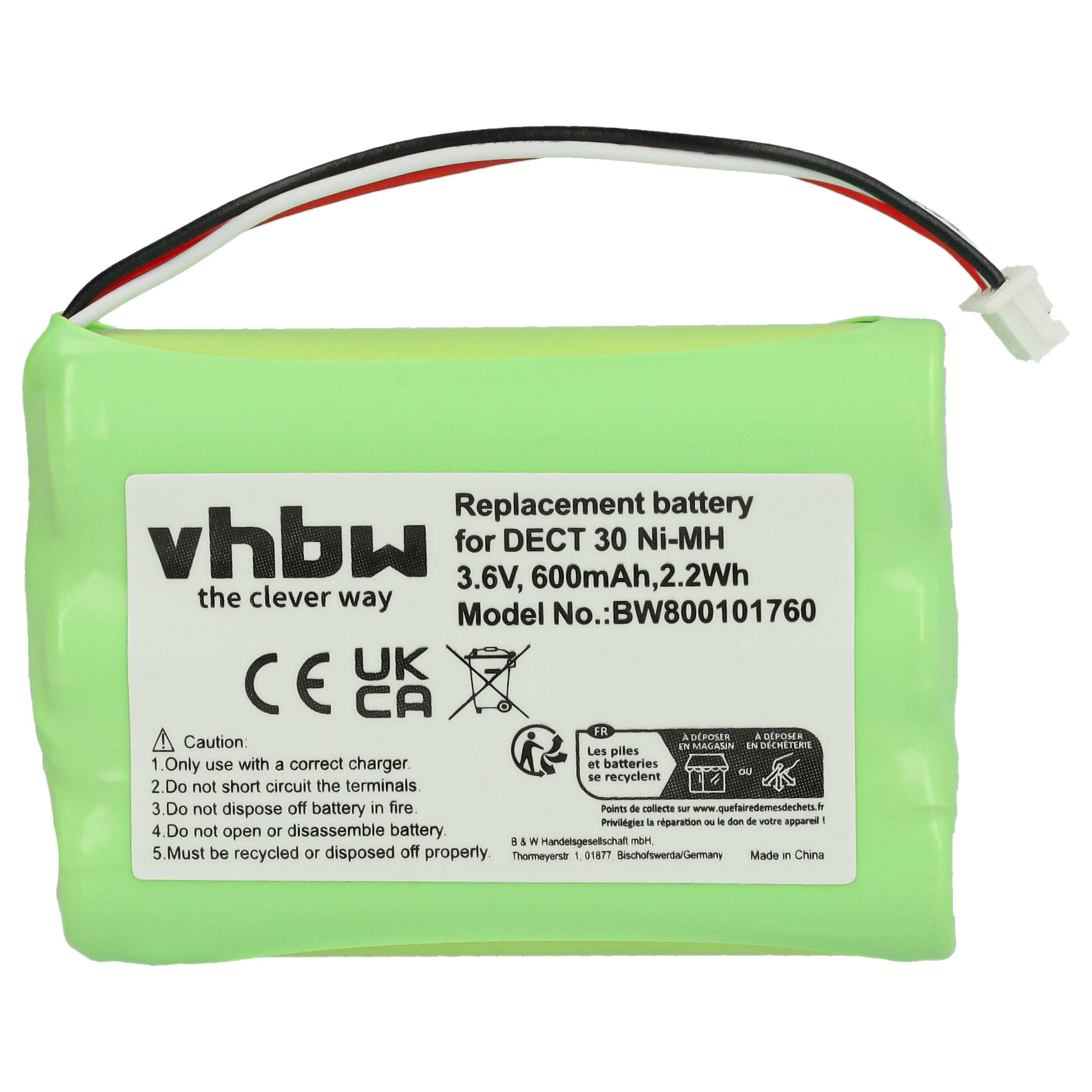 Grüner Akku mit weißem Etikett und schwarzen, weißen und roten Drähten. Text enthält 'vhbw', 'Ersatzbatterie' und Recyclingsymbole.
