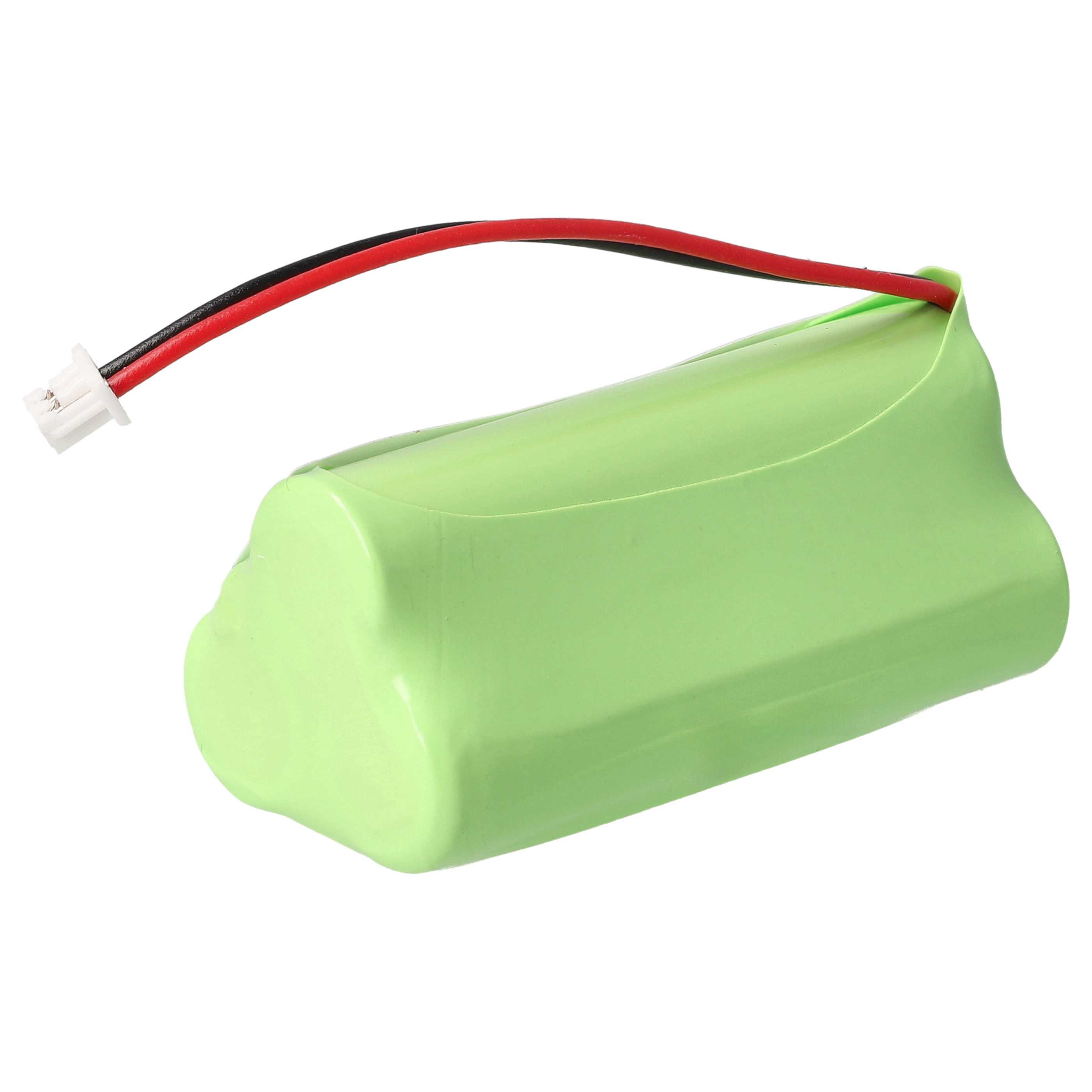 Eine hellgrüne Batterie mit roten und schwarzen Drähten und einem weißen Stecker, isoliert auf weißem Hintergrund.