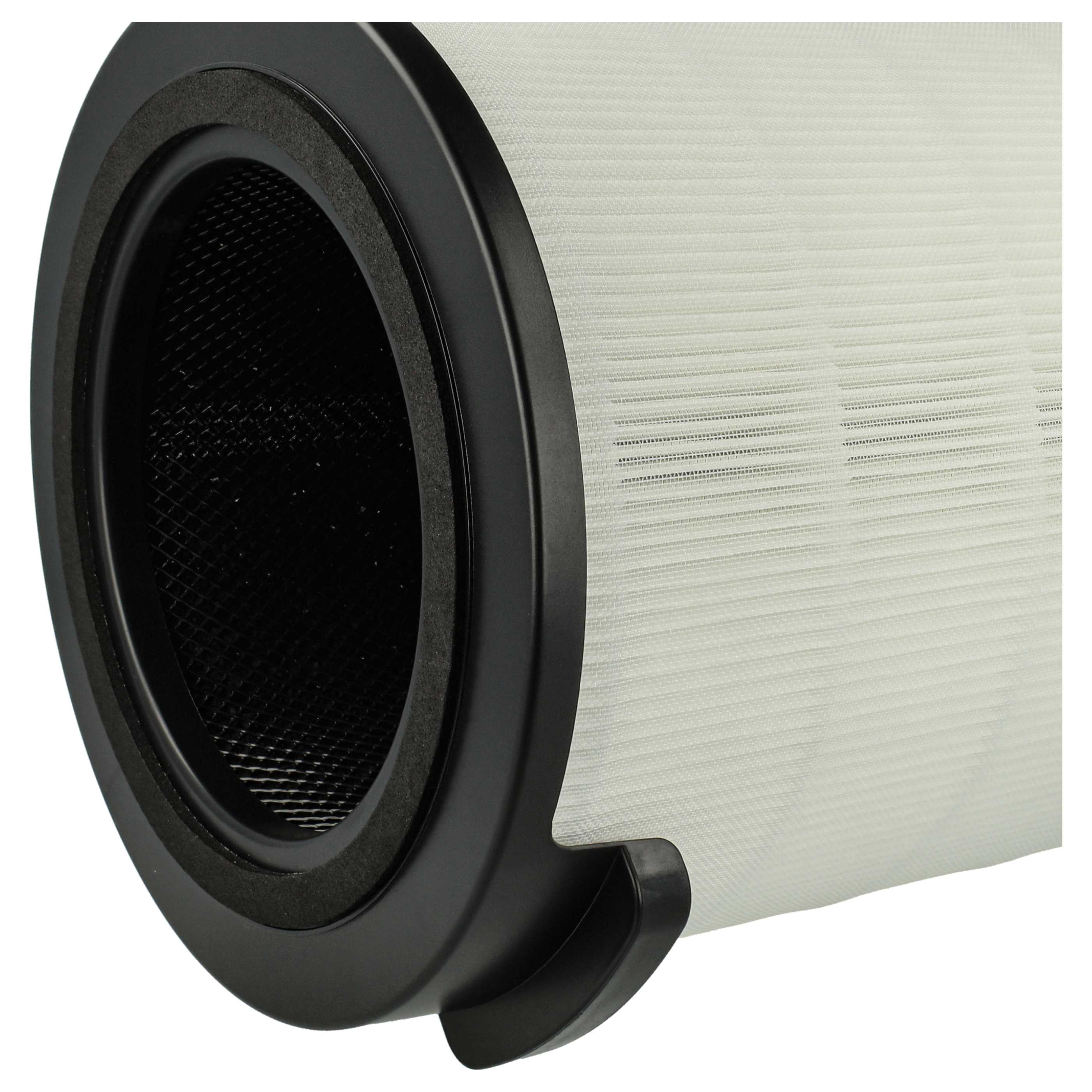Nahaufnahme eines zylindrischen Luftfilters. Schwarzer Rahmen umgibt das Filtermedium. Der Filter ist weiß mit einem feinen Netz.