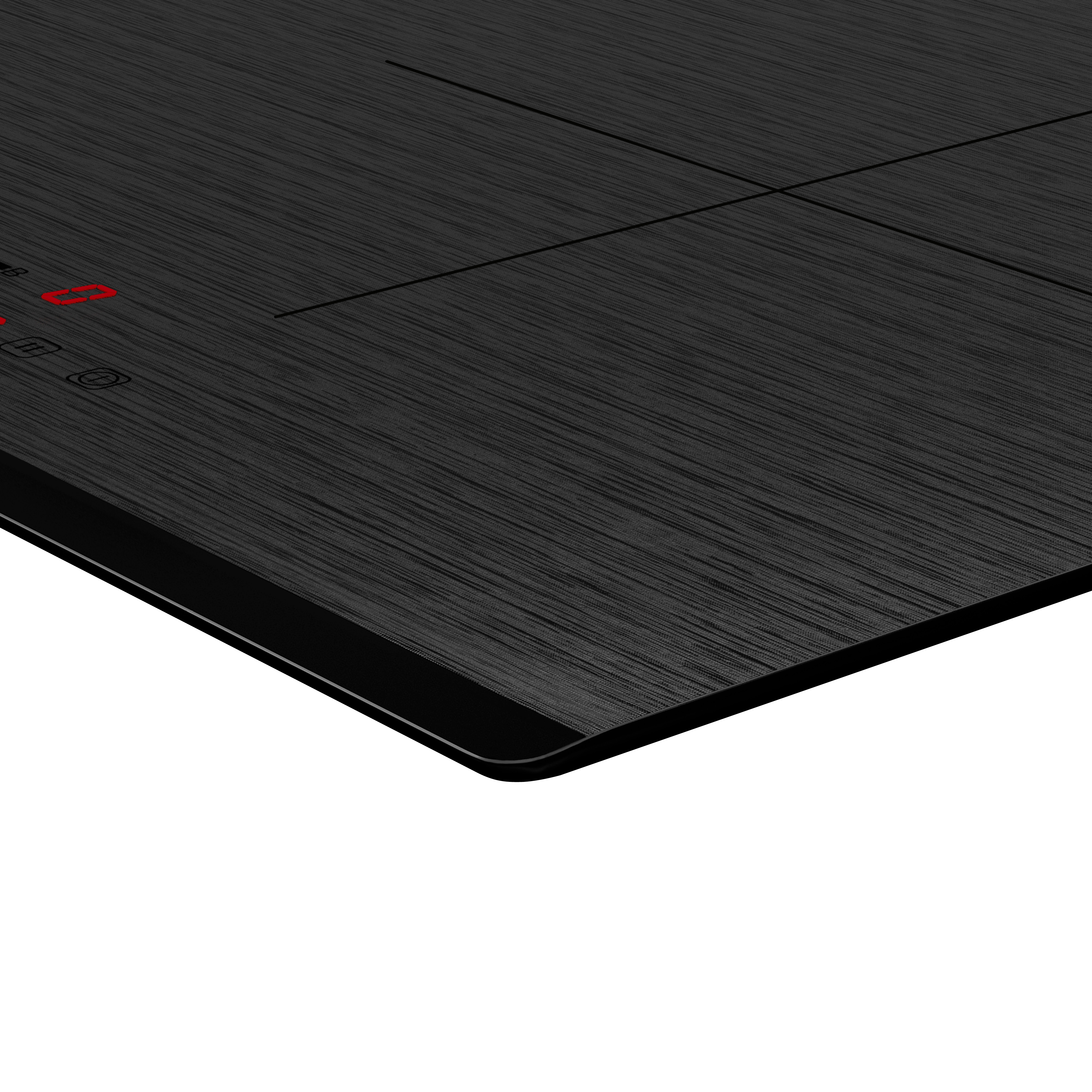 Close-up van een zwarte inductiekookplaat met rood verlichte bedieningselementen. Het oppervlak heeft een getextureerde, geborstelde uitstraling.