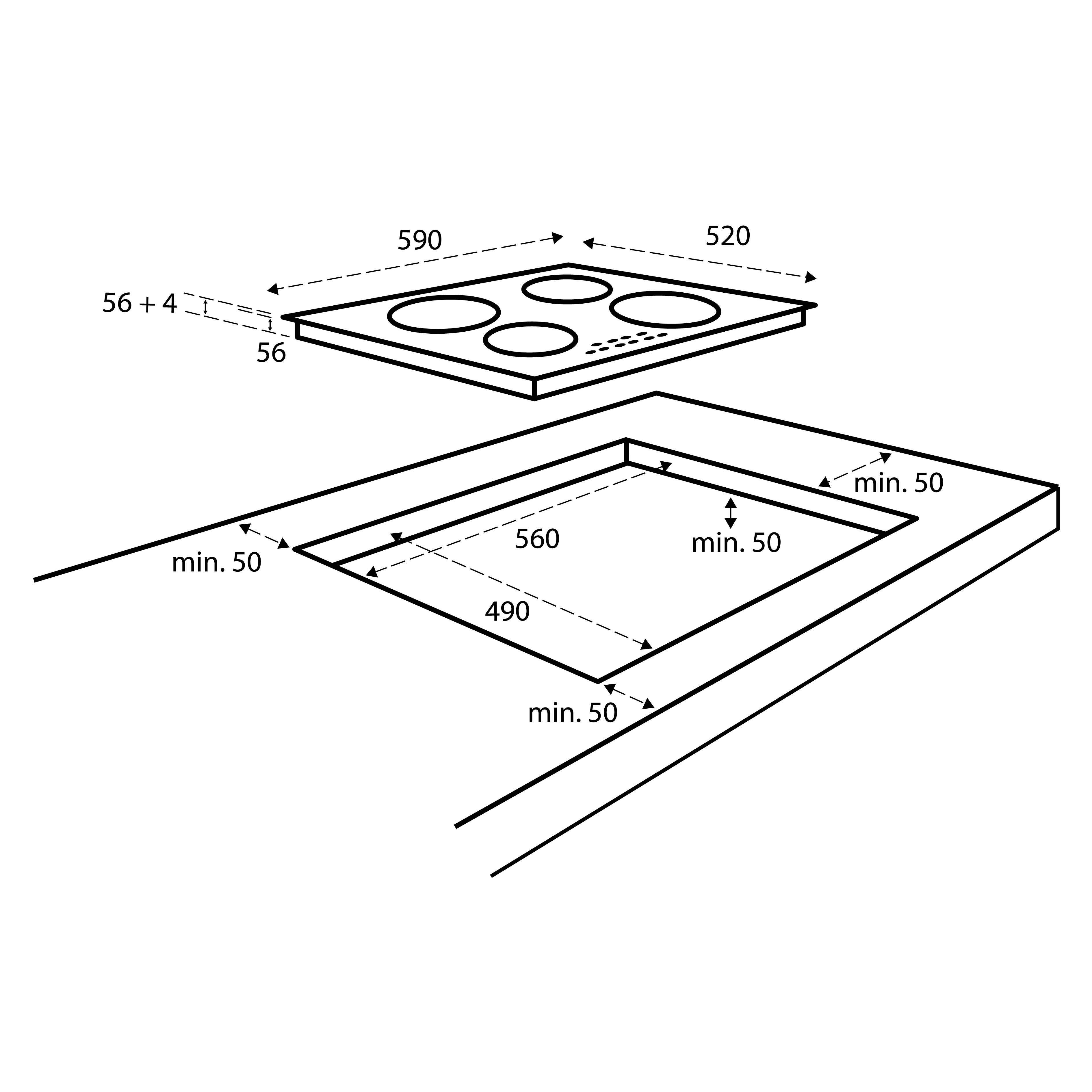 Diagram van een kookplaat met afmetingen. Het toont vier branders en de uitsparingsafmetingen voor installatie.