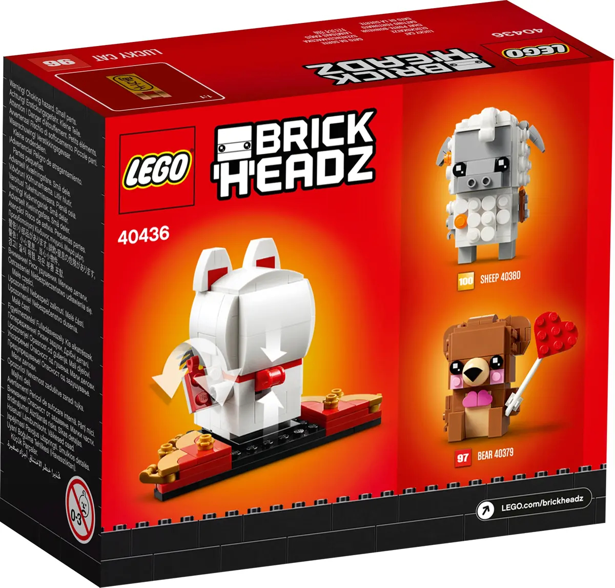 La scatola mostra i set Lego BrickHeadz: Gatto fortunato, Pecora e Orso. Il gatto è bianco e rosso.
