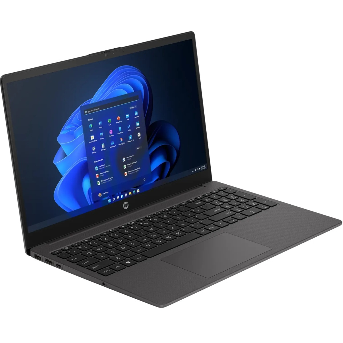 Ein dunkelgraues HP-Laptop ist geöffnet und zeigt eine Windows-Oberfläche mit App-Symbolen. Der Bildschirm zeigt einen blauen Wellenhintergrund.