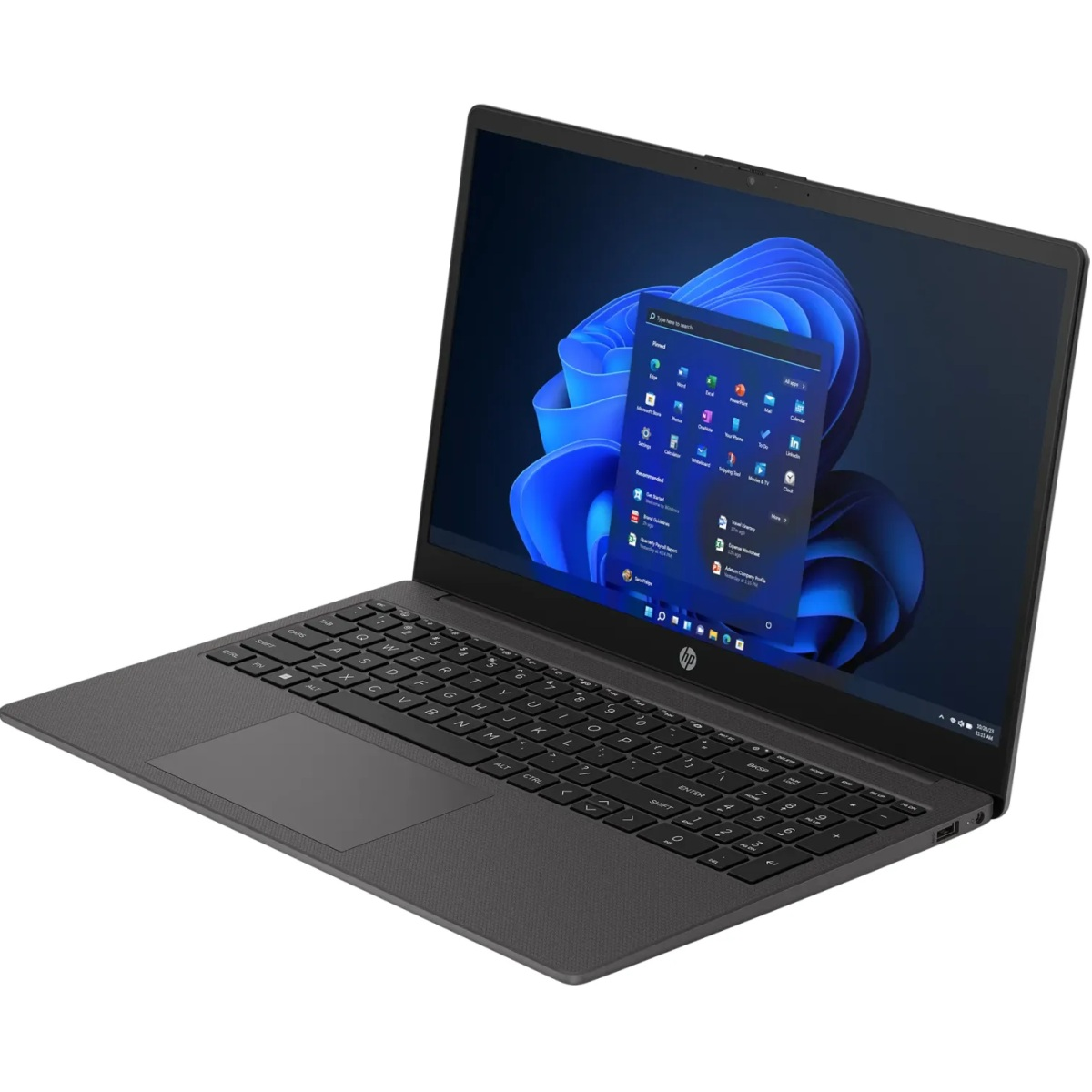 Ein dunkelgrauer HP-Laptop ist geöffnet und zeigt das Windows 11-Startmenü. Der Bildschirm zeigt blaue abstrakte Formen. Die Tastatur ist sichtbar.