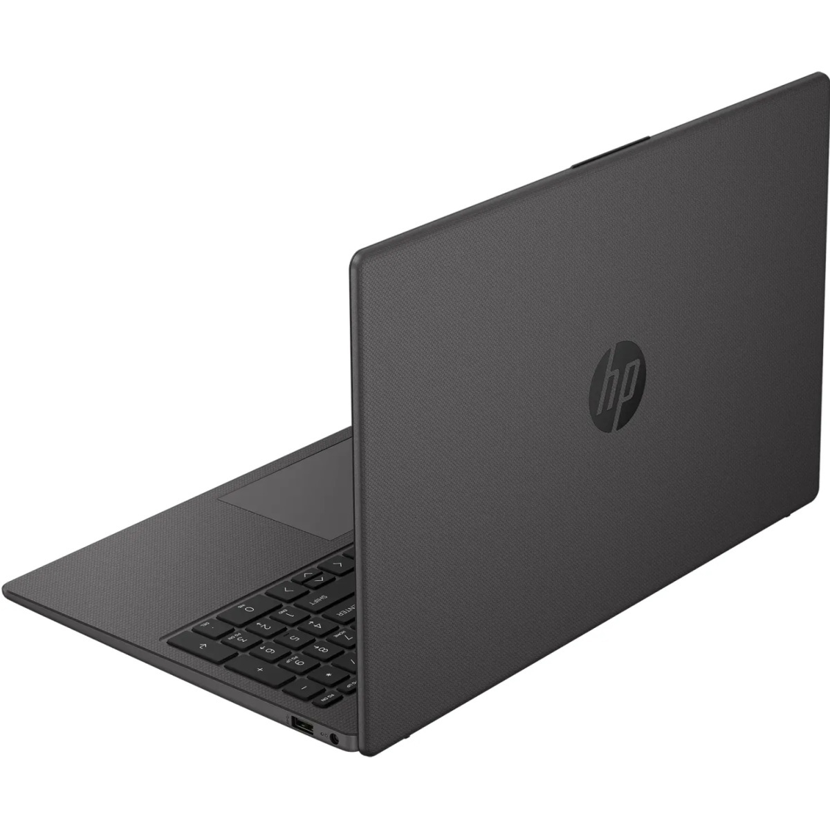 Ein grauer HP-Laptop, teilweise geöffnet, auf weißem Hintergrund. Die Tastatur ist sichtbar, das HP-Logo auf dem Deckel.