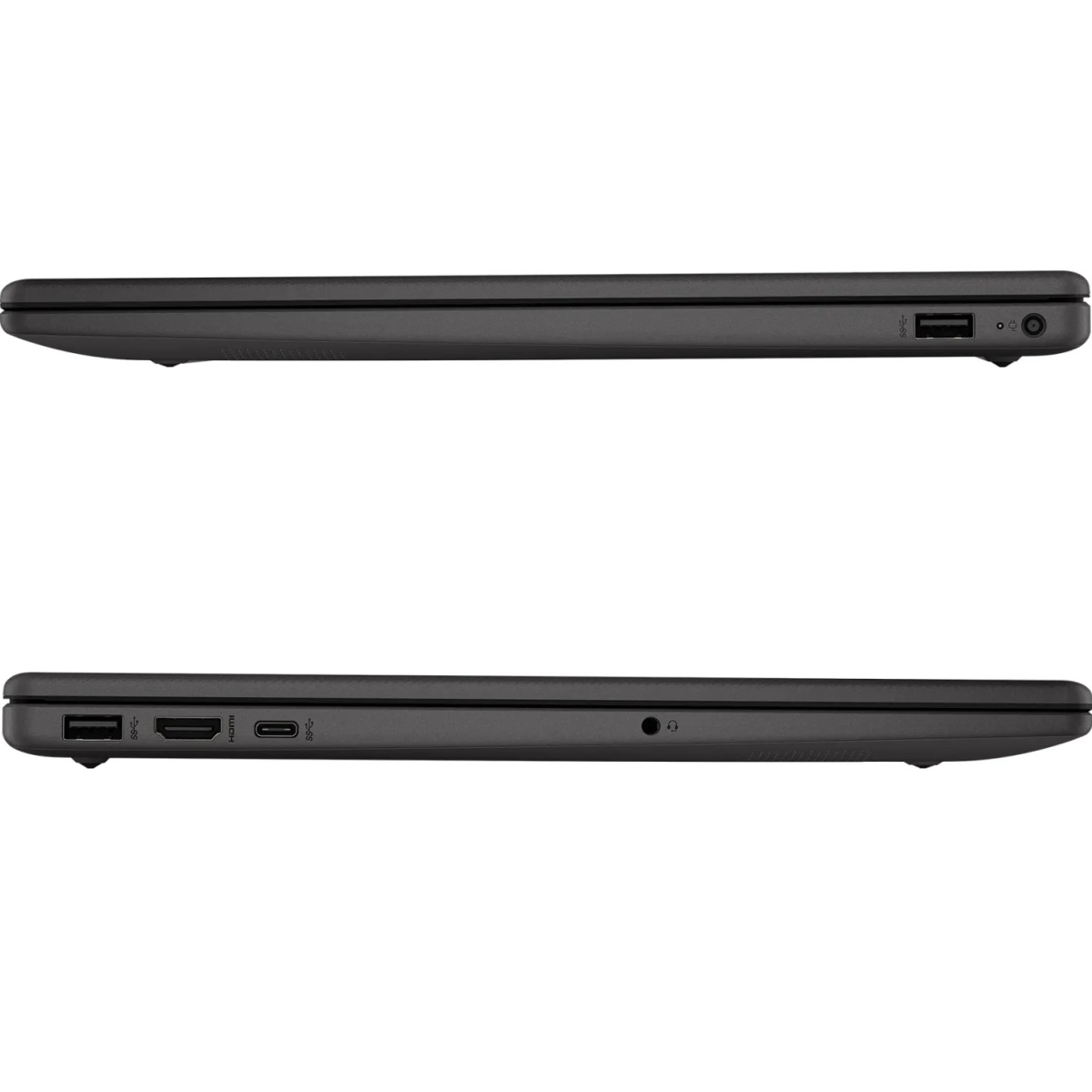 Zwei Seitenansichten eines geschlossenen grauen Laptops werden gezeigt. Die obere Ansicht zeigt Anschlüsse, die untere mehr Anschlüsse und einen Kopfhöreranschluss.
