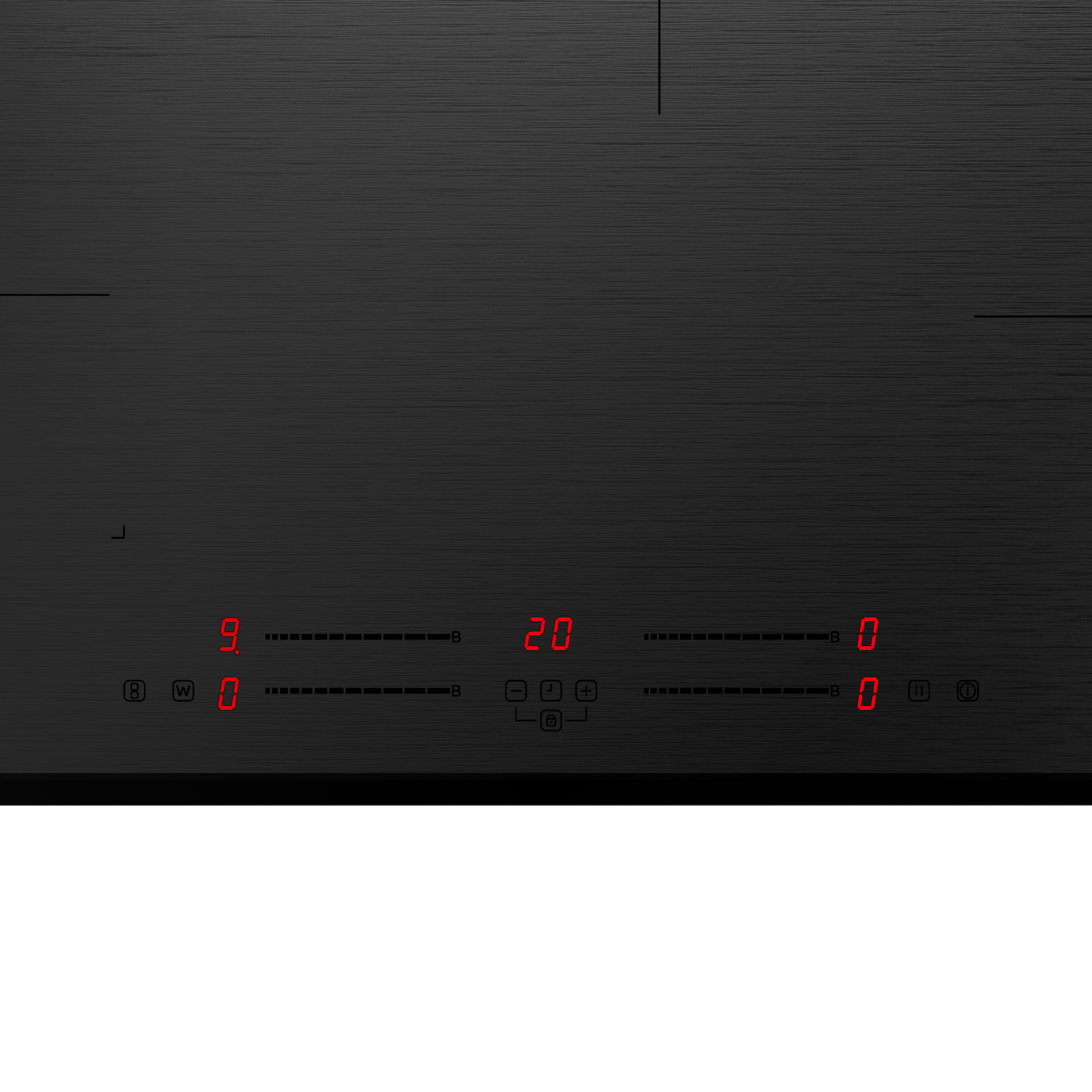 Een zwarte inductiekookplaat met rode digitale displays. Bedieningsknoppen zijn ook zichtbaar.
