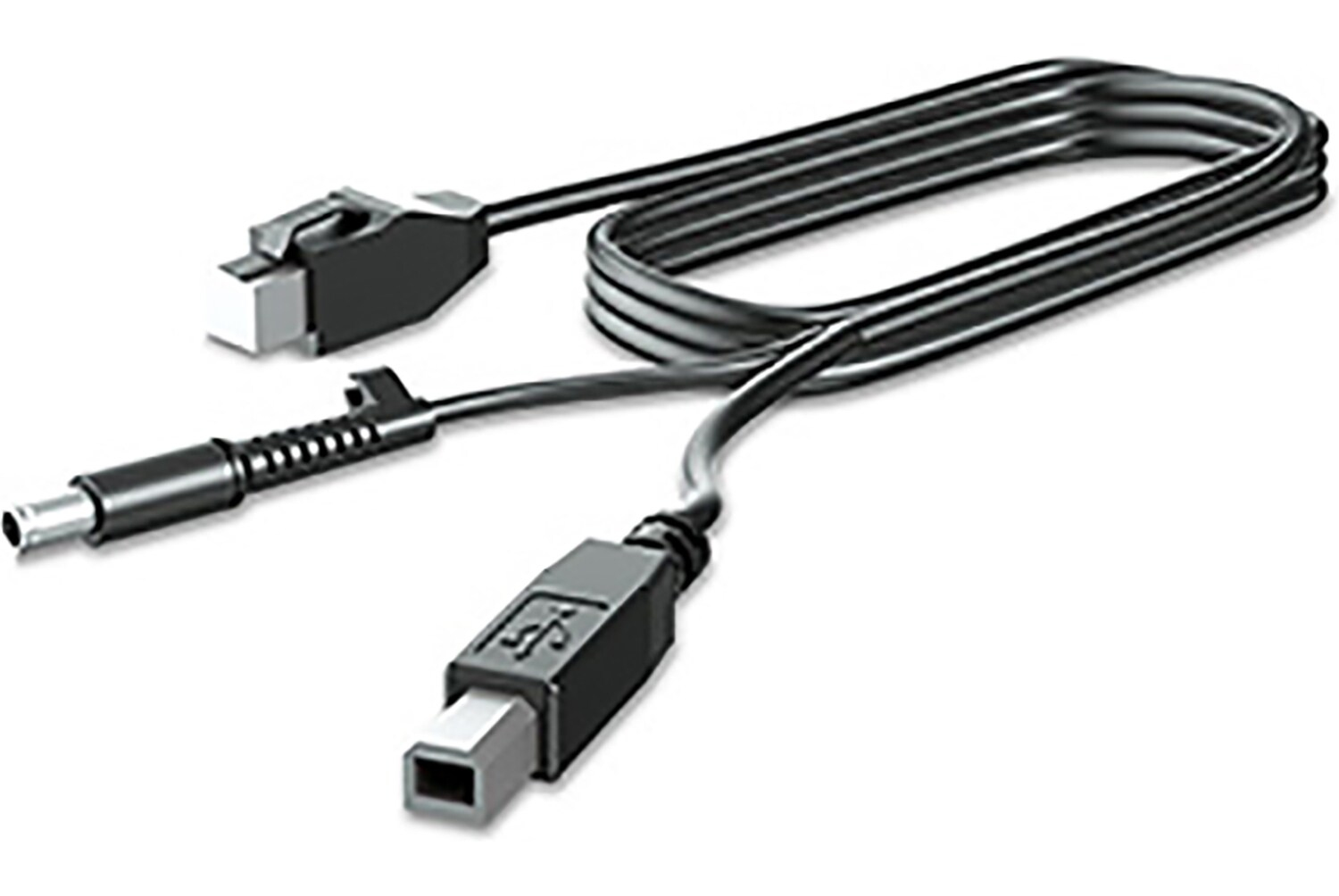 Un cavo nero con tre diversi connettori: USB, CC e un connettore rettangolare. Il cavo è arrotolato al centro.