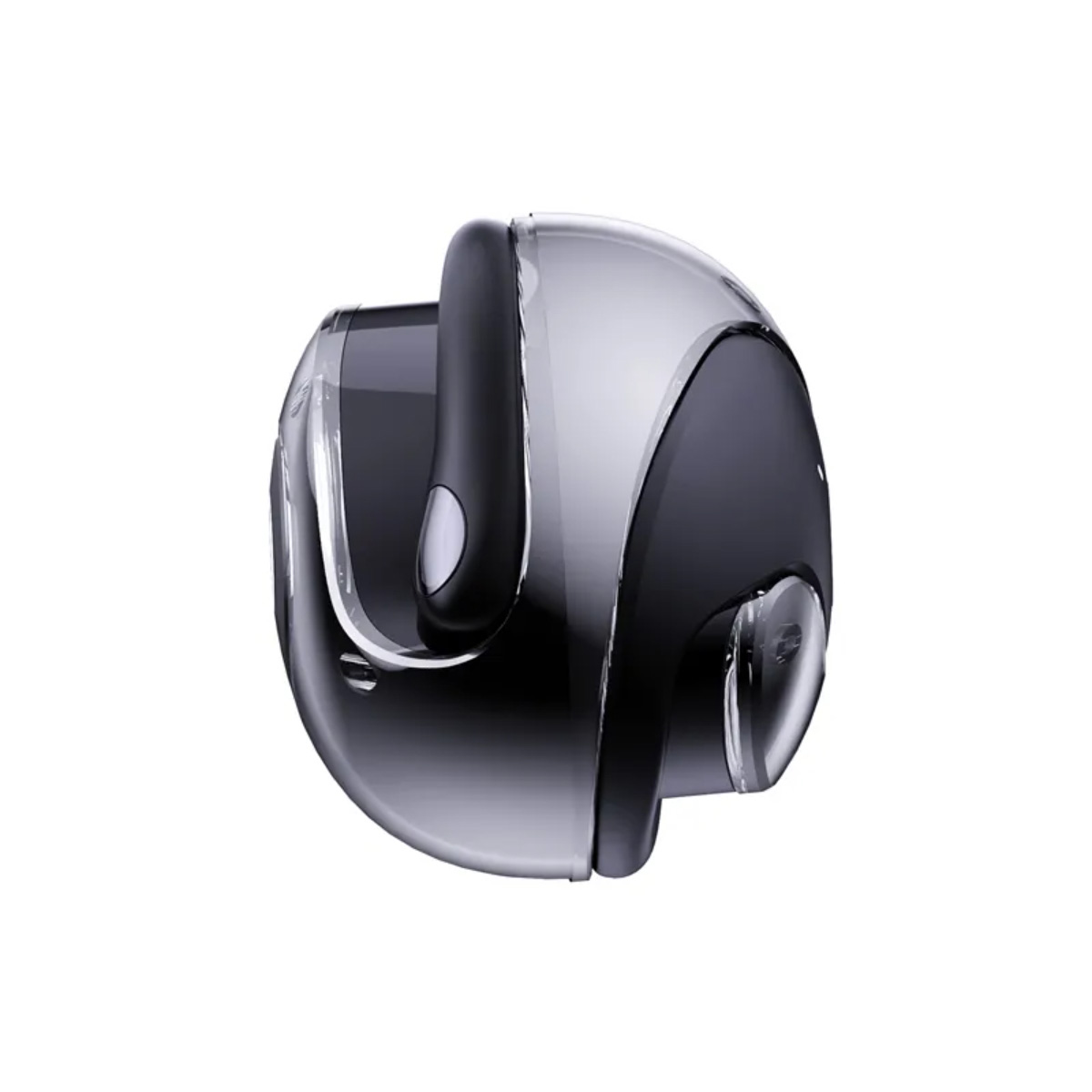 Un dispositivo futurista negro y transparente. Tiene un diseño curvo con un pequeño botón. El fondo es blanco.