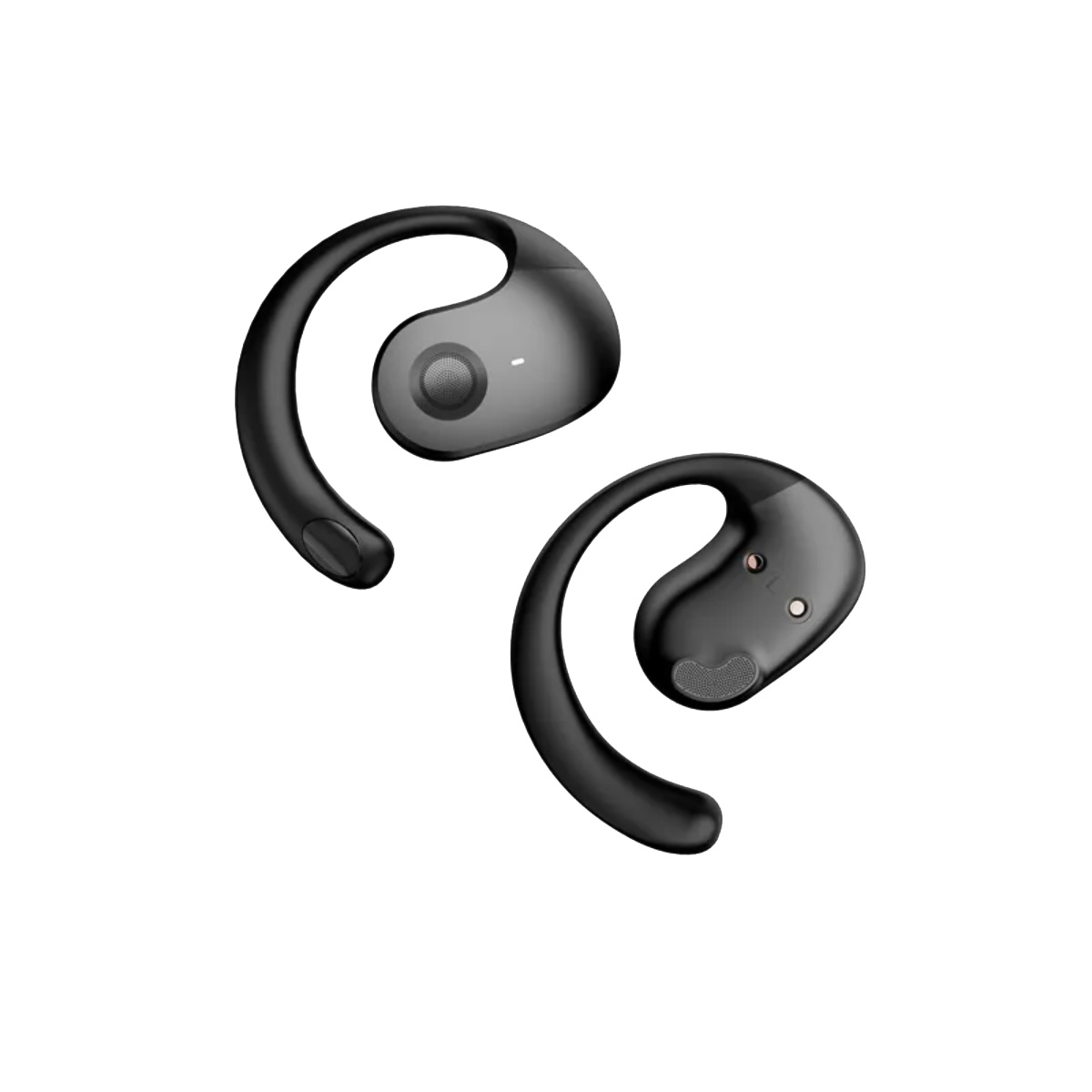 Dos auriculares inalámbricos negros con ganchos para la oreja, sobre un fondo blanco. Cada uno tiene un cuerpo redondeado y un gancho para sujetar a la oreja.