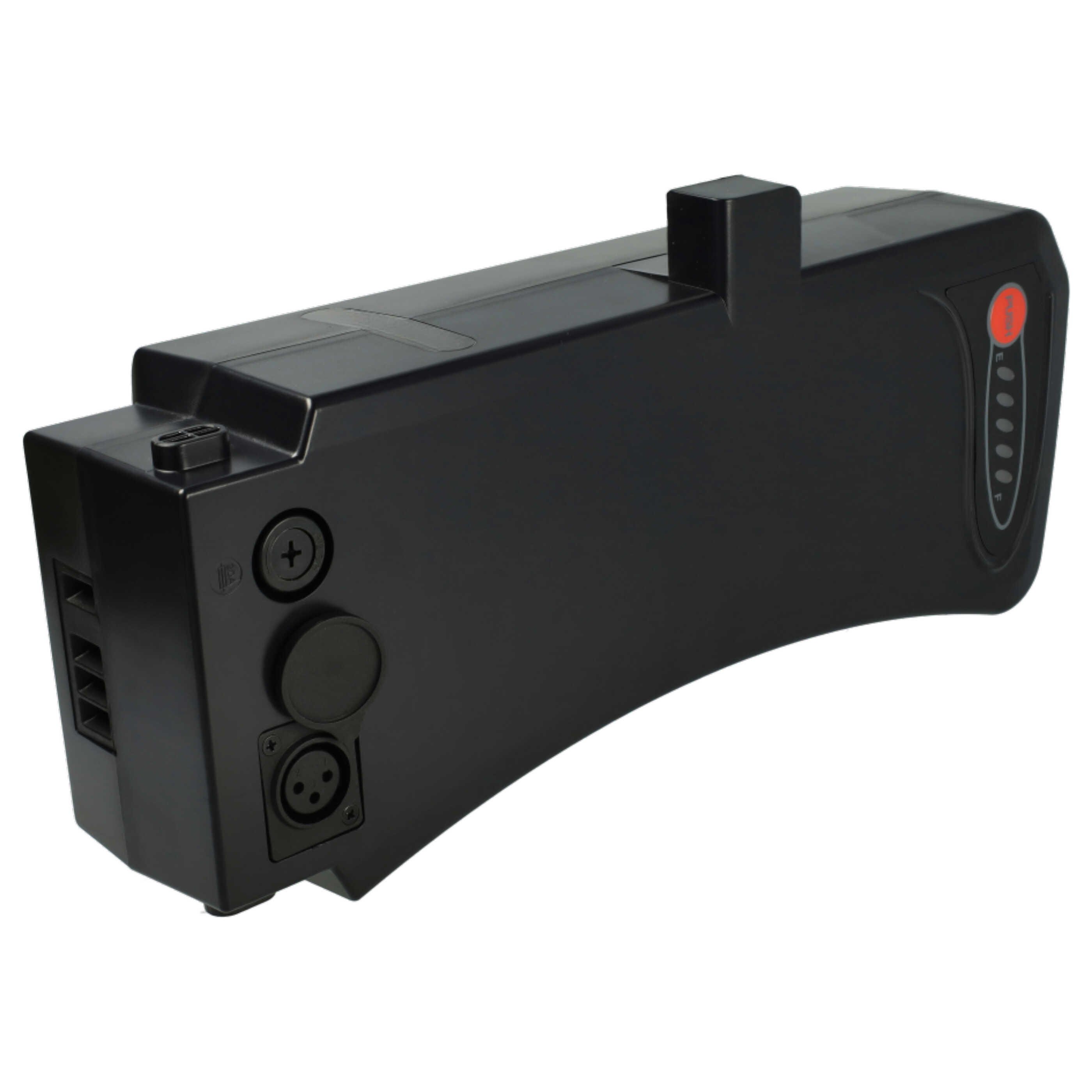 Ein schwarzes rechteckiges Batteriepack mit gebogenem Design, mehreren Anschlüssen und roter Betriebsanzeige.