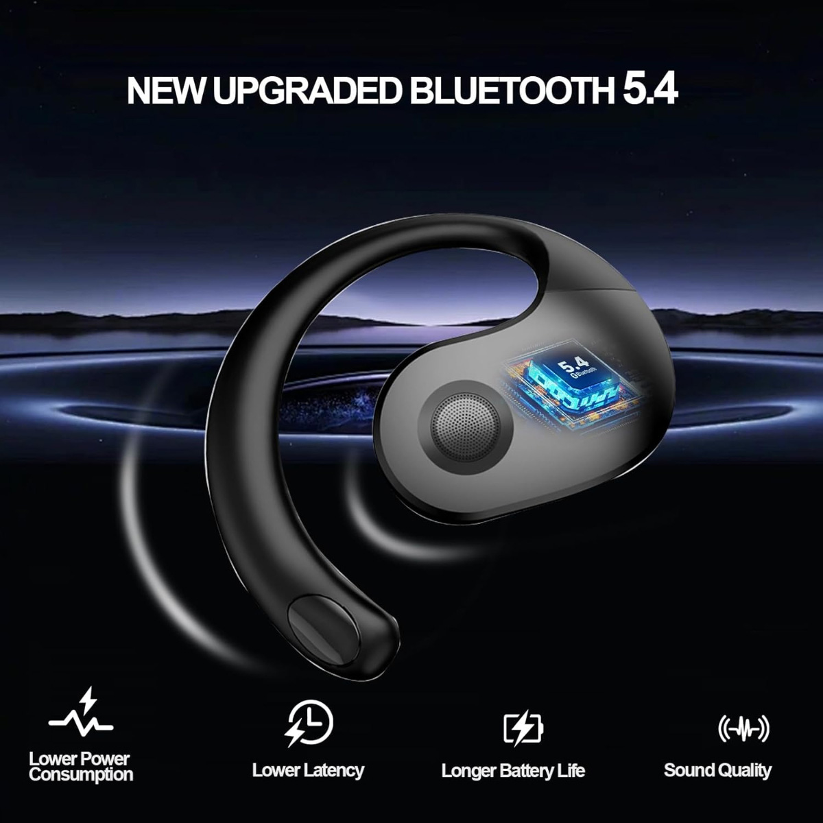 Auricular Bluetooth negro con pantalla 5.4, diseño de gancho para la oreja. Texto: New Upgraded Bluetooth 5.4. Iconos de energía, latencia, batería y calidad de sonido.