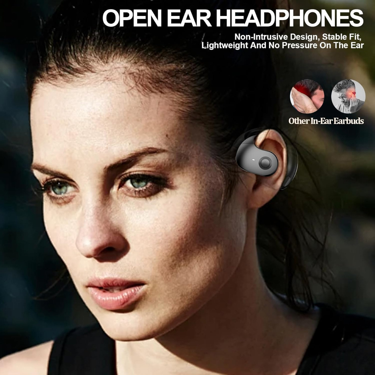 Se muestra a una mujer con auriculares. El texto dice "OPEN EAR HEADPHONES". Los auriculares son grises y se colocan fuera de la oreja.