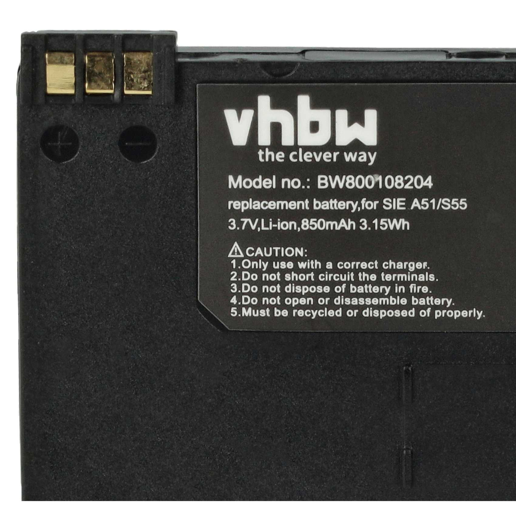 Schwarzer Akku mit Text. Es steht 'vhbw the clever way', Modell BW800108204 und Sicherheitshinweise.