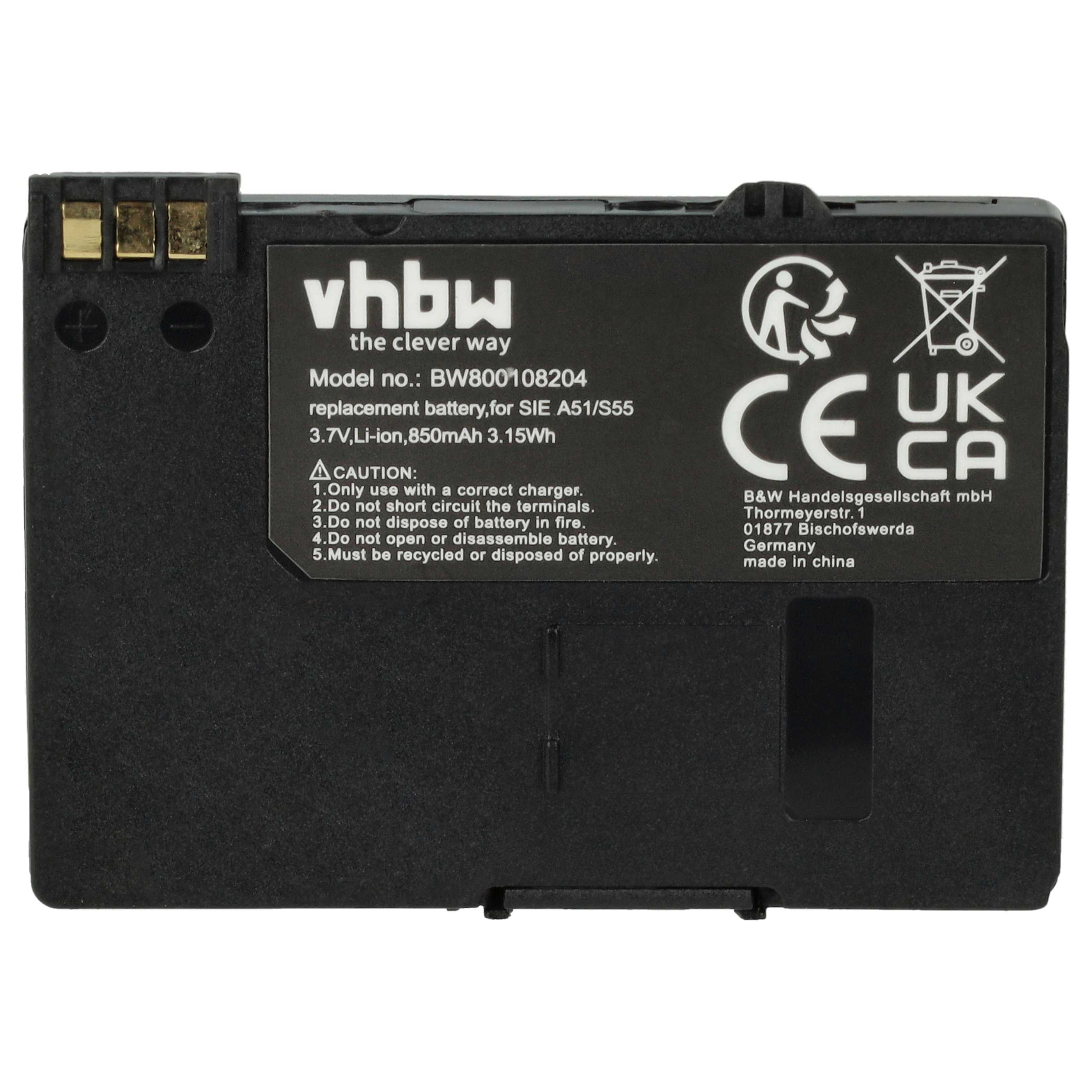 Schwarzer Akku mit Text: vhbw, CE, UK CA. Spezifikationen umfassen 3,7 V, Li-Ion und Warnhinweise.