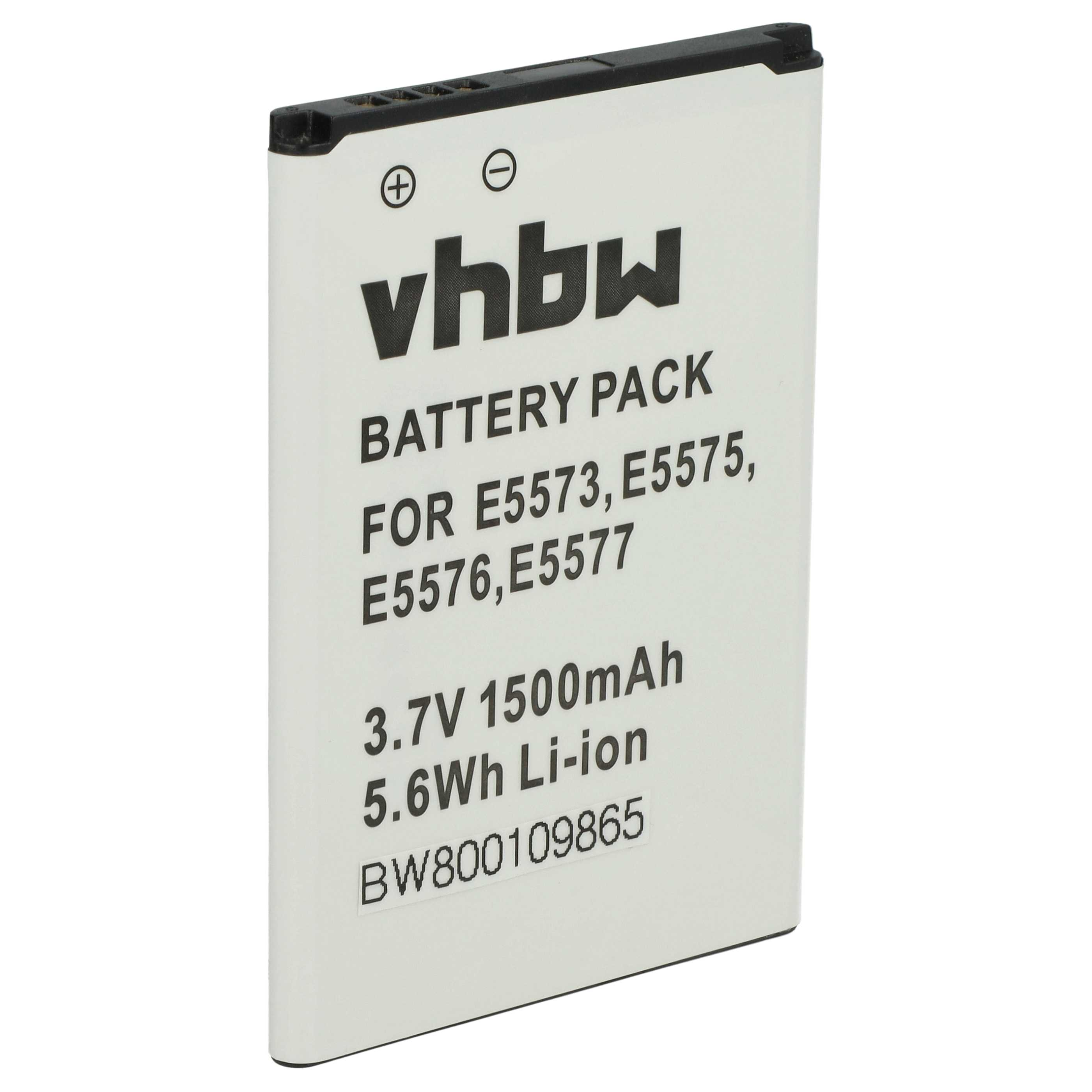 Ein weißer Akku mit schwarzem Text und einer schwarzen Oberseite. Er lautet "vhbw BATTERY PACK FOR E5573, E5575...".