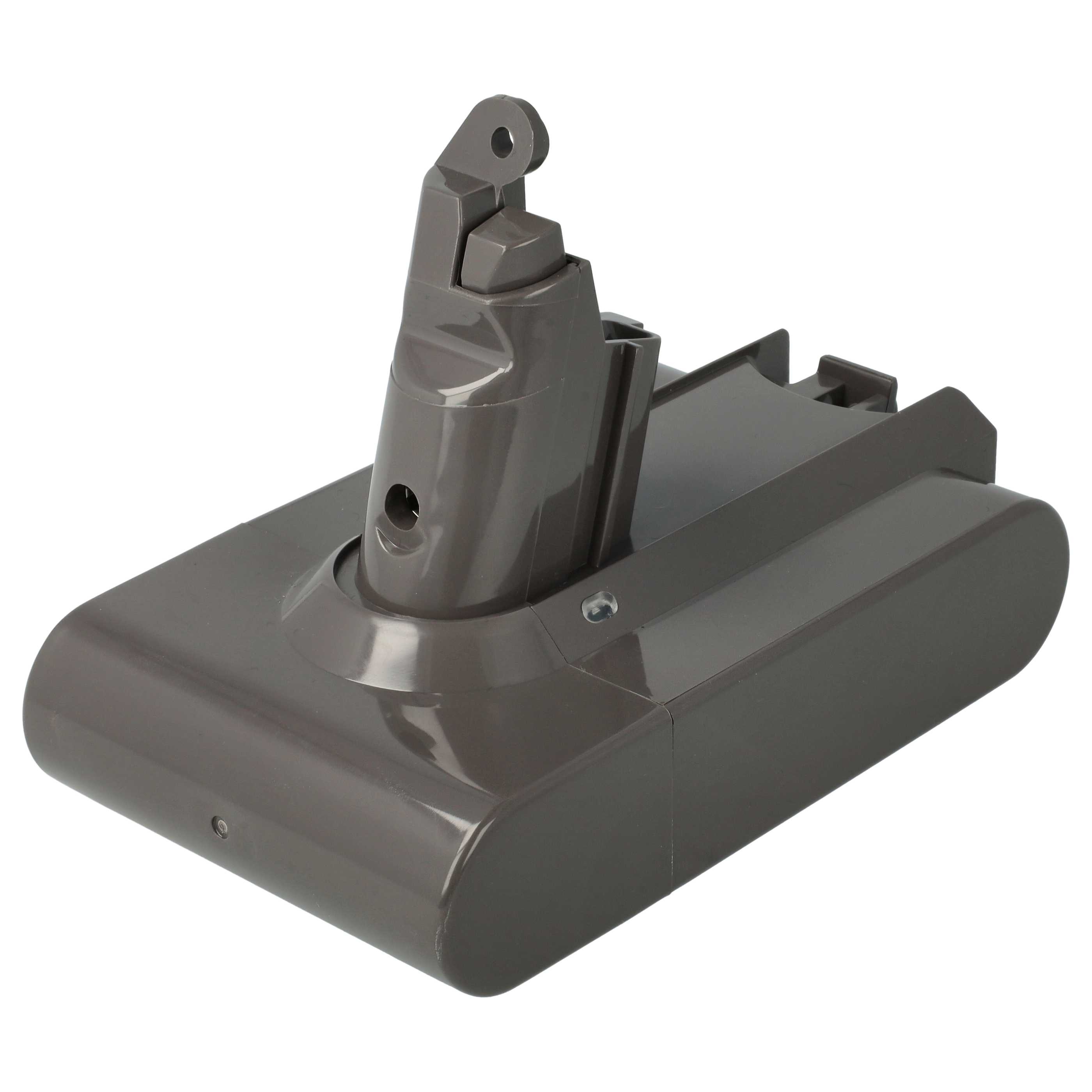 Ein graues Dyson-Akkupack. Es hat eine rechteckige Basis und eine abgewinkelte Oberseite mit Haken und Loch.