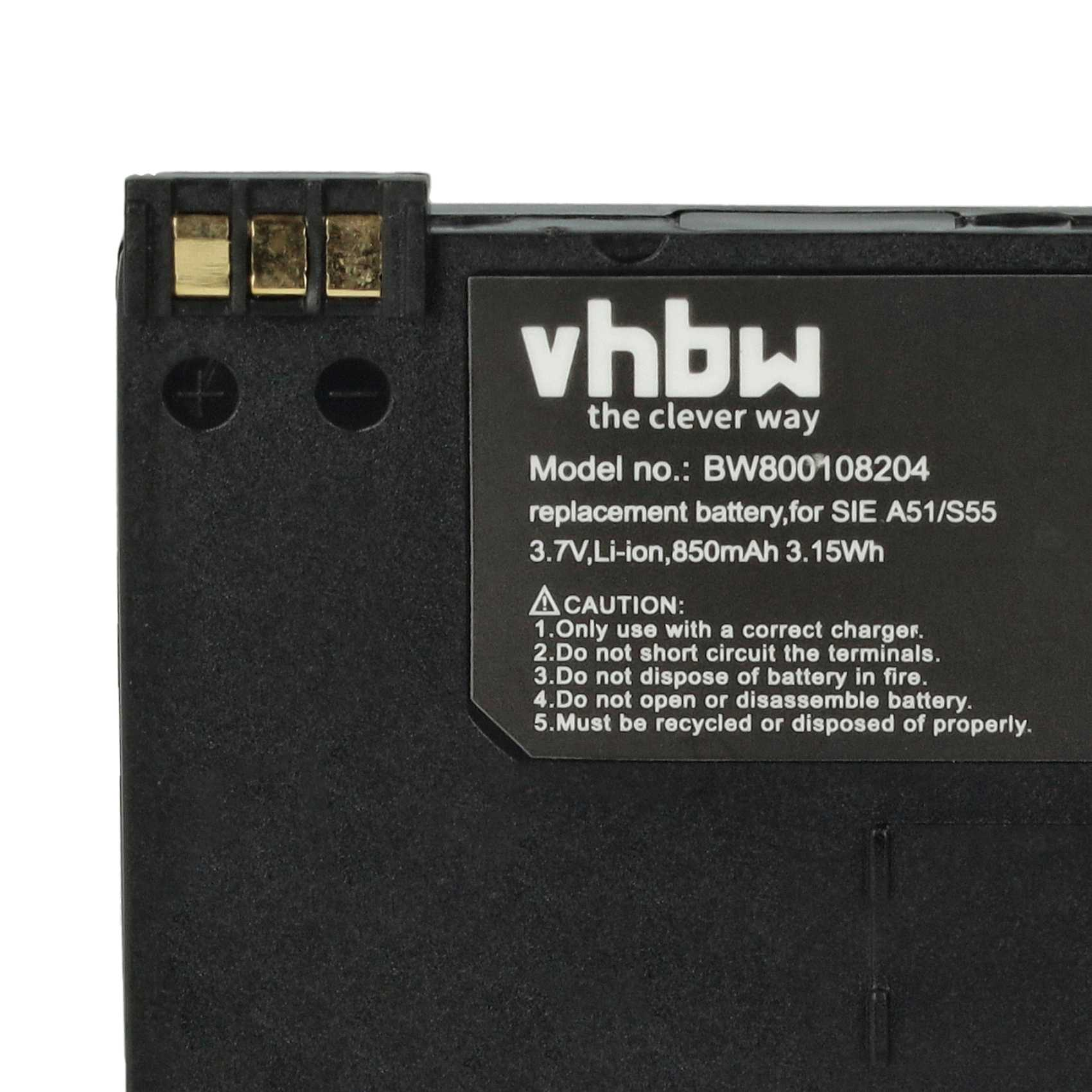 Schwarzer Akku mit goldenen Anschlüssen. Der Text auf dem Akku lautet "vhbw the clever way", Modellnummer und Vorsichtshinweise.