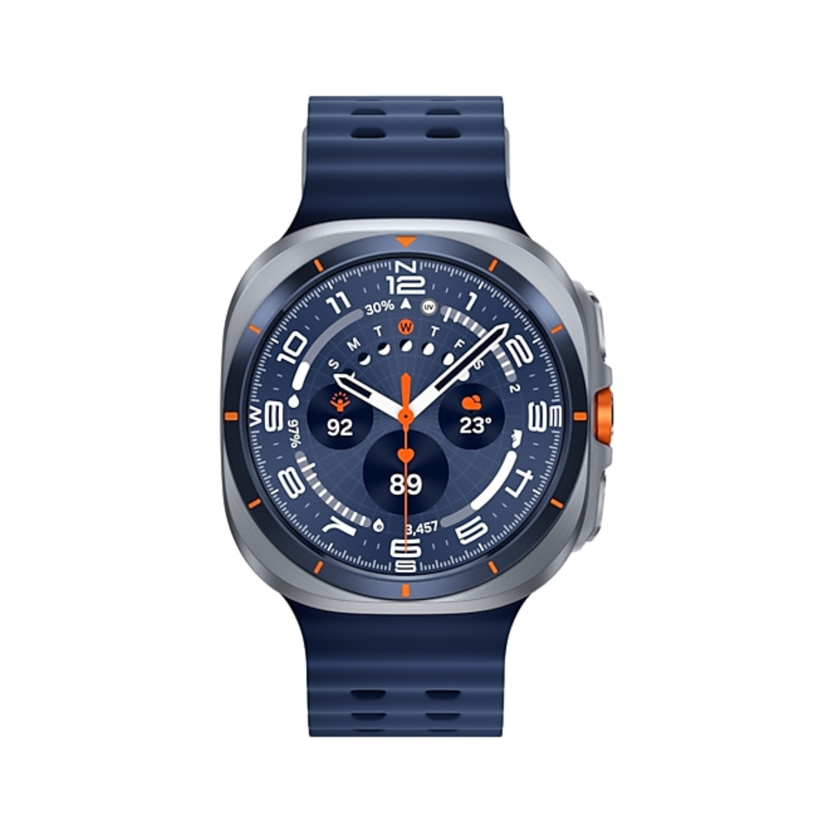 Uno smartwatch con cinturino blu e quadrante argentato e arancione. Visualizza numeri, indicatori e l'ora.
