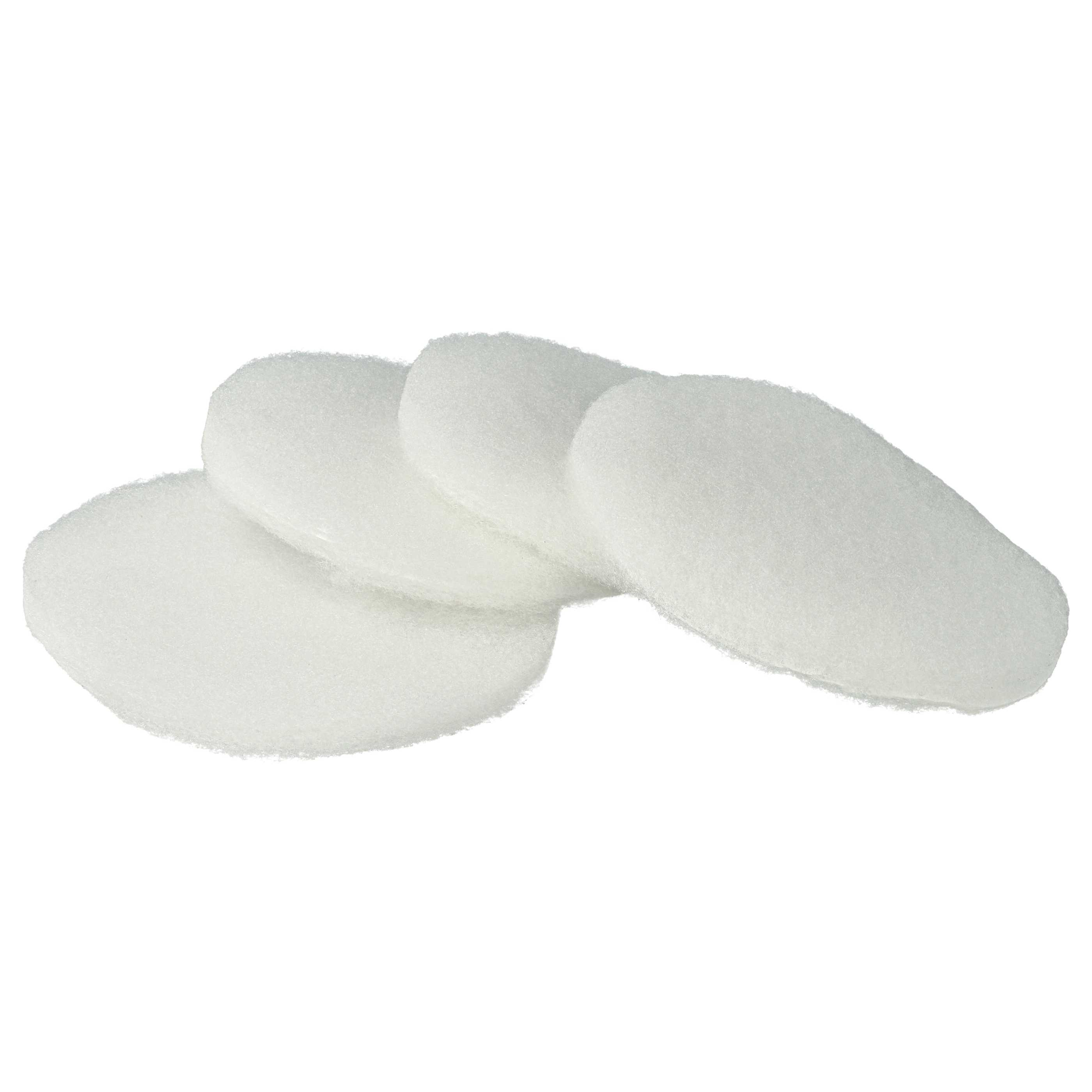 Vier weiße, oval geformte Reinigungspads überlappen sich leicht auf weißem Hintergrund. Die Pads haben eine strukturierte Oberfläche.