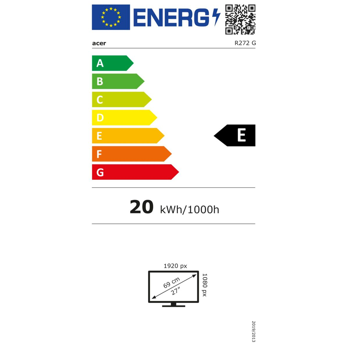 Energy label for an Acer monitor. It displays energy efficiency class E, with a consumption of 20 kWh/1000h, and screen specifications.