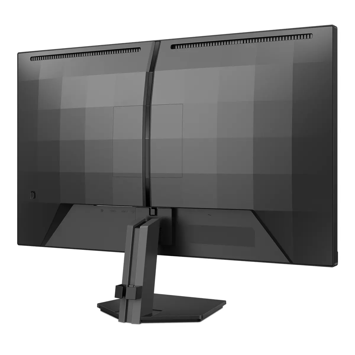 Vista posteriore di un monitor per computer nero con supporto, porte e fessure di ventilazione. Lo schermo è diviso in sezioni geometriche.