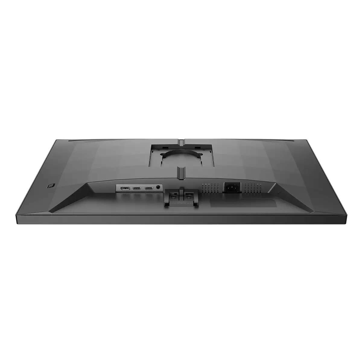 Vista posteriore di un monitor nero, con porte e supporto. Sfondo bianco.