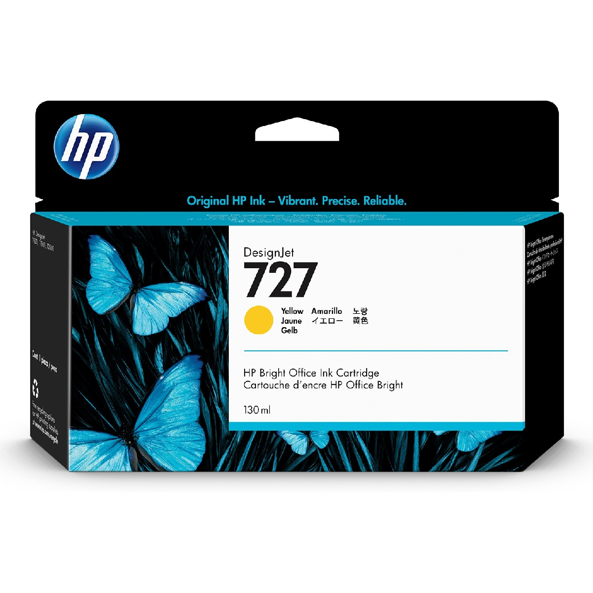 Scatola di cartucce d'inchiostro HP DesignJet 727 con farfalle. Scatola nera con farfalle blu, dettagli del prodotto e logo HP.