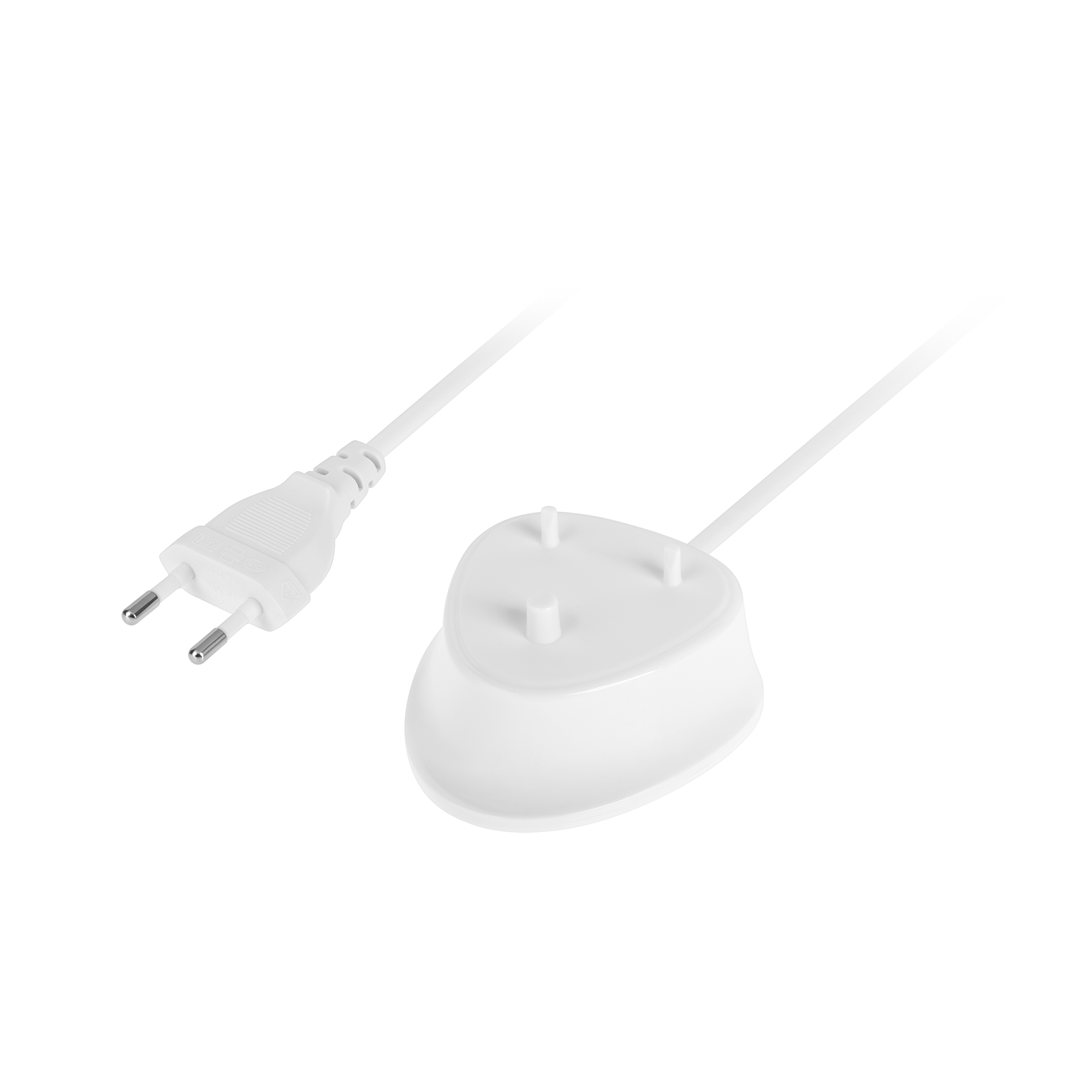 Biała ładowarka do szczoteczki elektrycznej z białą wtyczką i kablem.