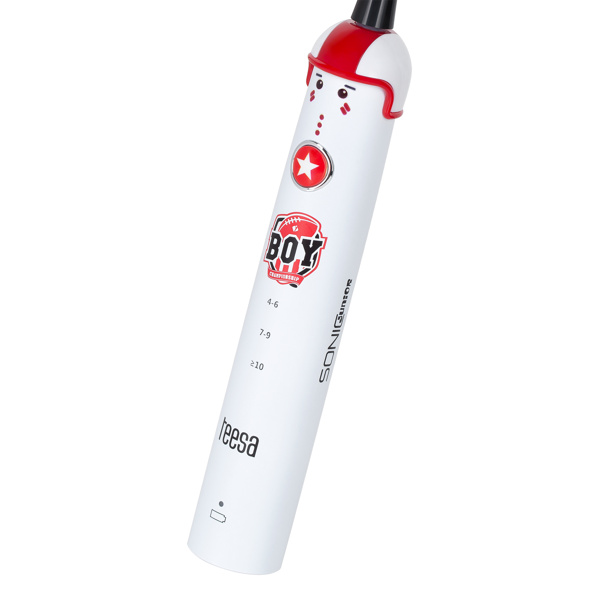 Biała elektryczna szczoteczka do zębów z czerwono-białym motywem kasku do futbolu amerykańskiego. Ma czerwoną gwiazdę i napis 'BOY'.