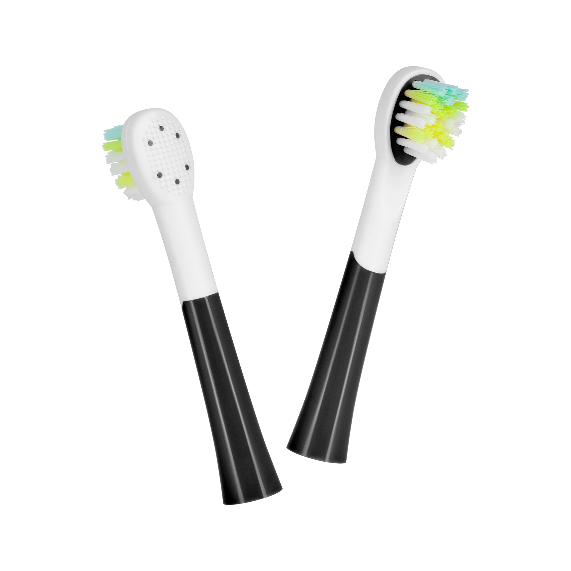 Dwie białe głowice szczoteczek do zębów z czarnymi uchwytami. Włosie jest białe, żółte i niebiesko-zielone. Szare tło.