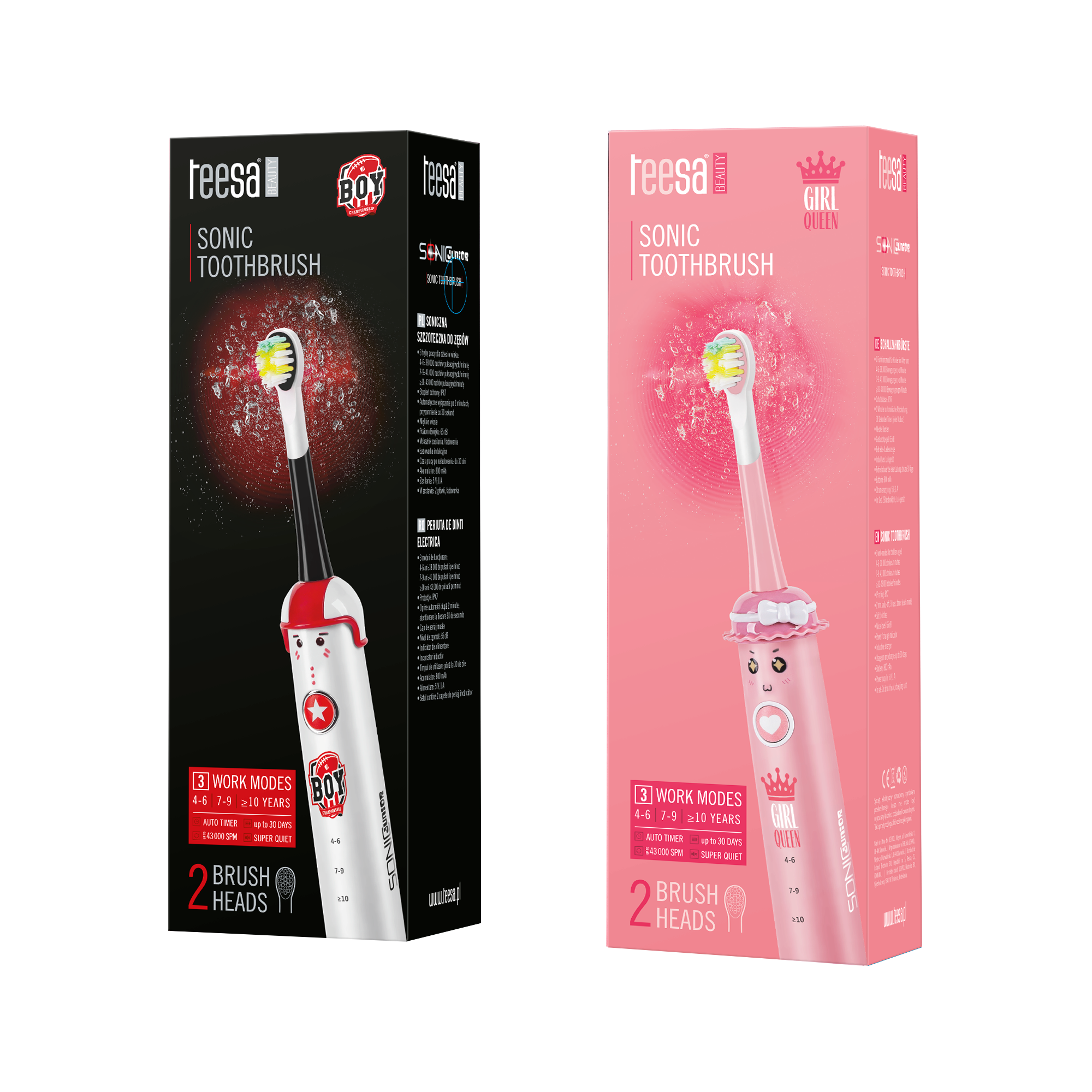 Dwie elektryczne szczoteczki do zębów. Jedna czarna i czerwona, z napisem 'BOY'. Druga różowa, z napisem 'GIRL QUEEN'.