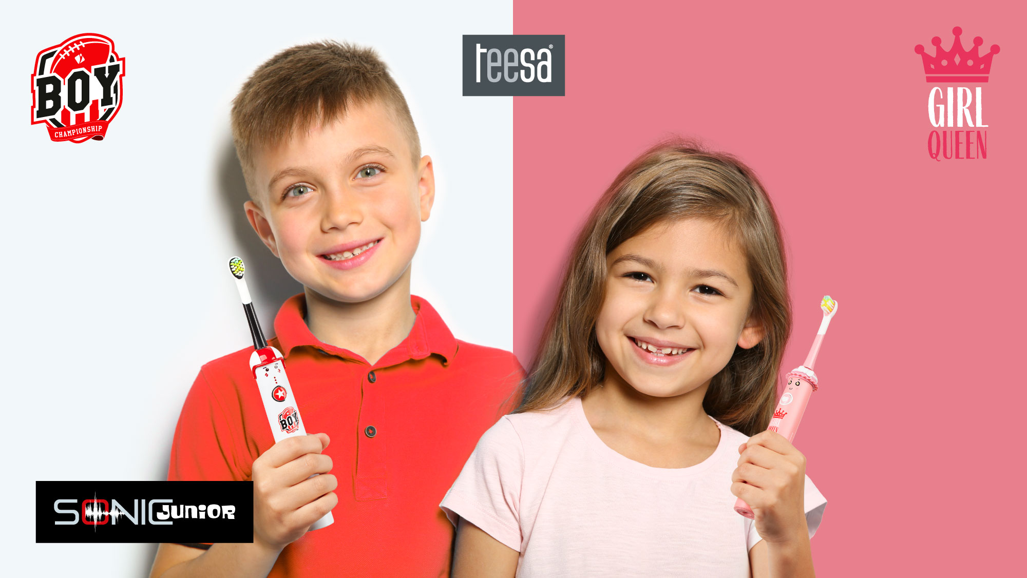 Chłopiec i dziewczynka trzymają szczoteczki do zębów, uśmiechając się. Tło podzielone na białe i różowe z logo 'Boy' i 'Girl'.
