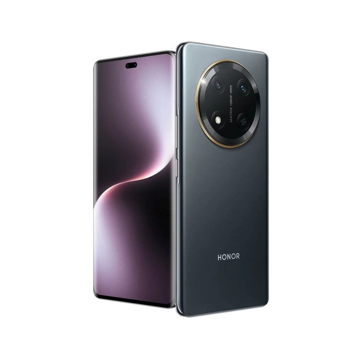 Ciemnoszary smartfon Honor stoi pionowo. Przedni ekran wyświetla fioletowy gradient. Tył ma moduł aparatu i logo Honor.