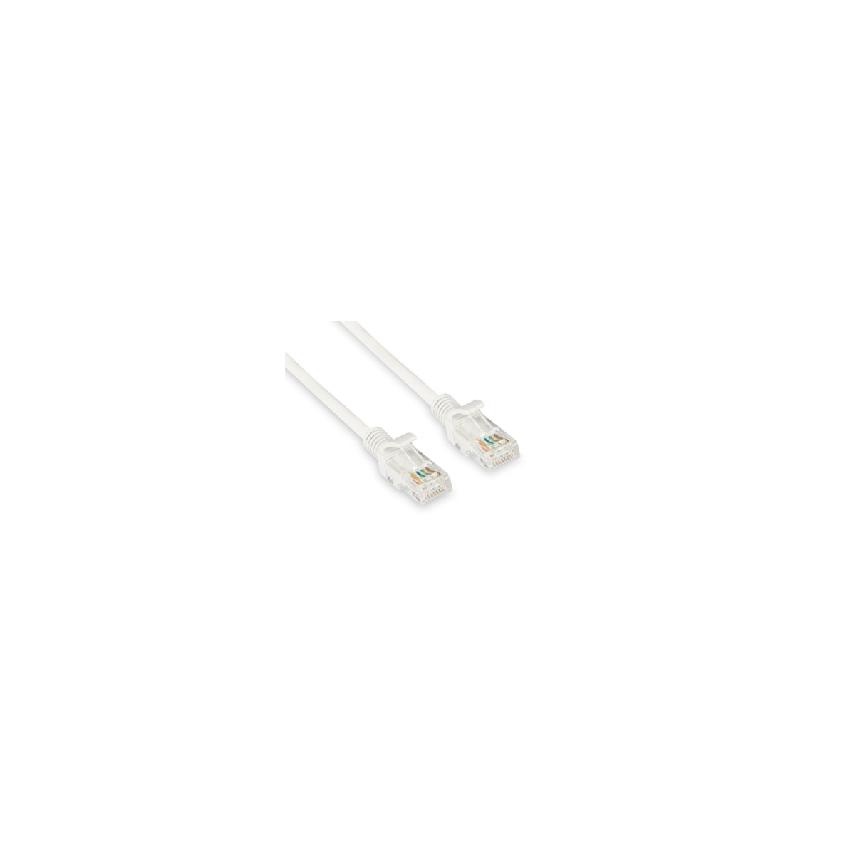 Due cavi Ethernet bianchi con connettori in plastica trasparente sono disposti diagonalmente su sfondo bianco.