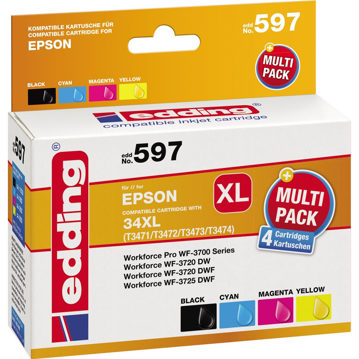 Scatola di cartucce d'inchiostro Epson, bianca con accenti gialli e blu. L'etichetta include i colori inchiostro nero, ciano, magenta e giallo.