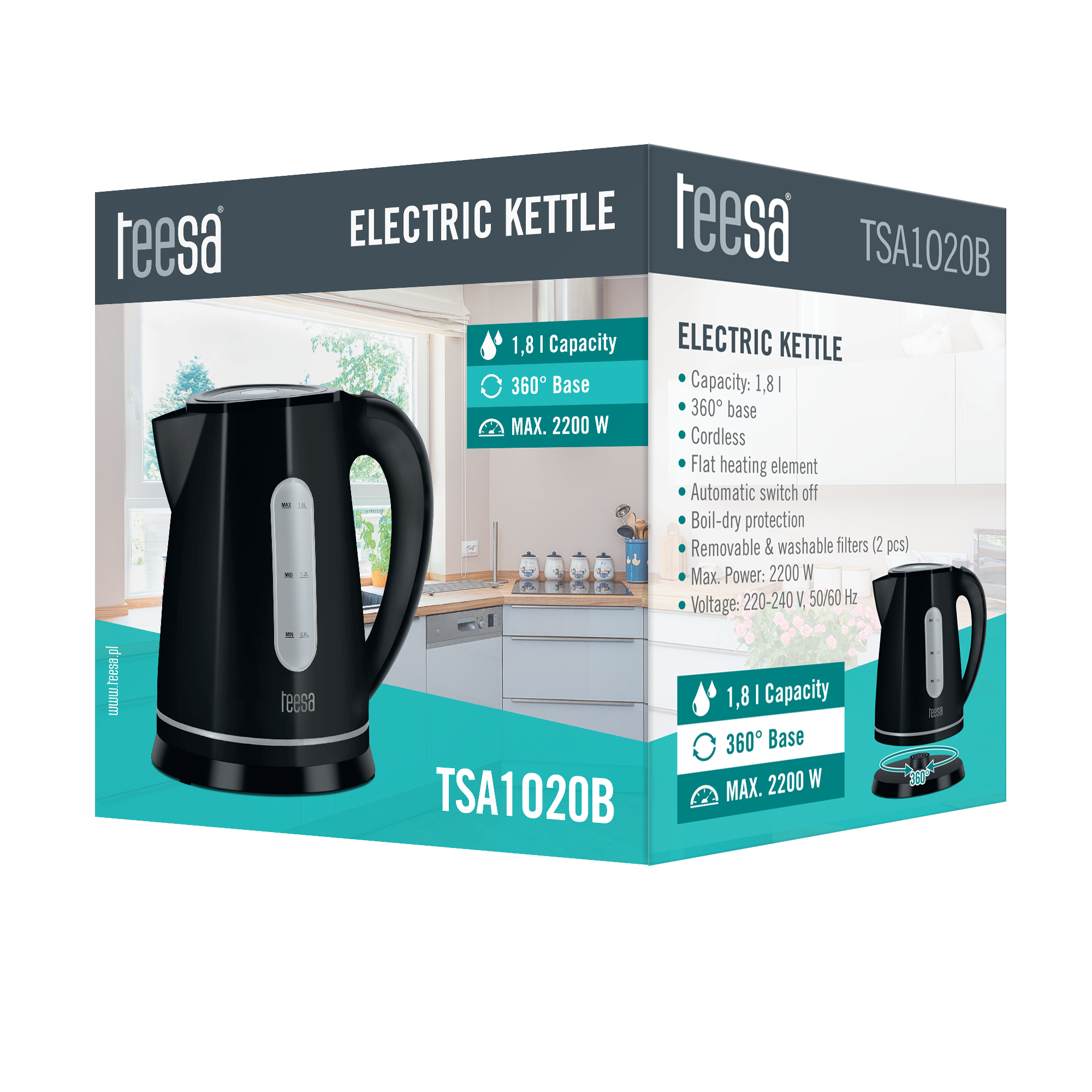 Czarny czajnik elektryczny, model TSA1020B, o pojemności 1,8L, obrotowej podstawie 360° i mocy 2200W. Widoczny wskaźnik wody.