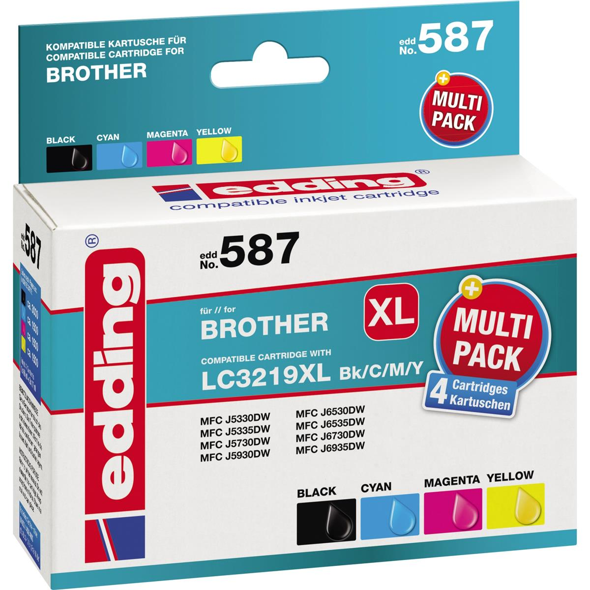 Una scatola di cartucce d'inchiostro Edding per stampanti Brother. Mostra inchiostro nero, ciano, magenta e giallo, con l'etichetta "MULTI PACK".