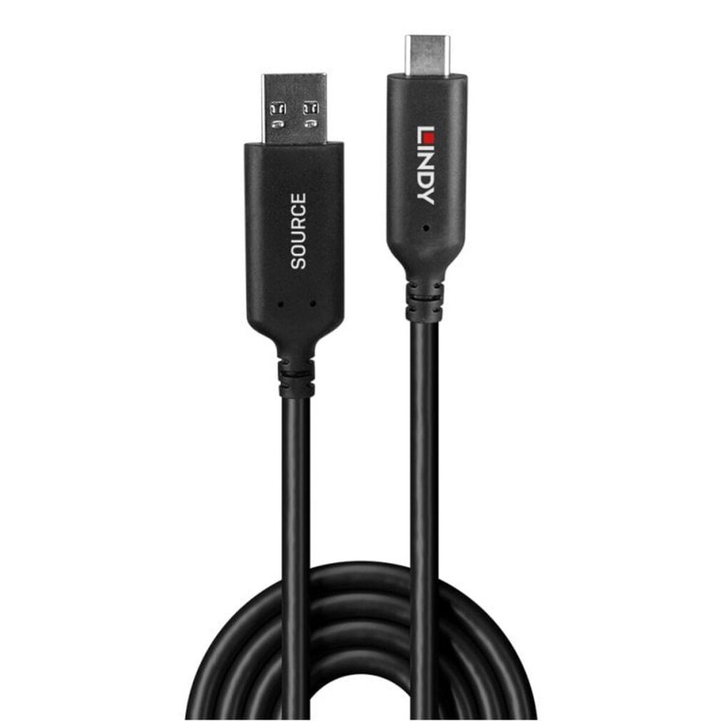 Dwa czarne kable USB. Jeden ma złącze USB-A, a drugi USB-C, oba połączone czarnym kablem. Widoczna jest marka LINDY.