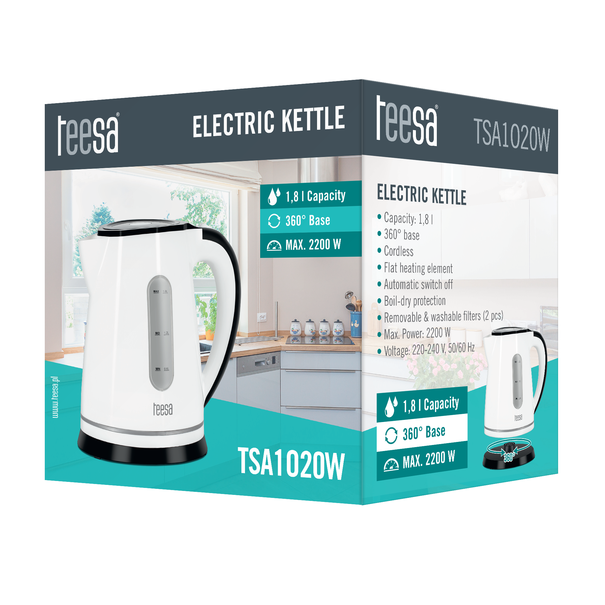 Biały czajnik elektryczny z czarnymi akcentami na ekspozycji produktu z funkcjami. Tło: wnętrze kuchni.