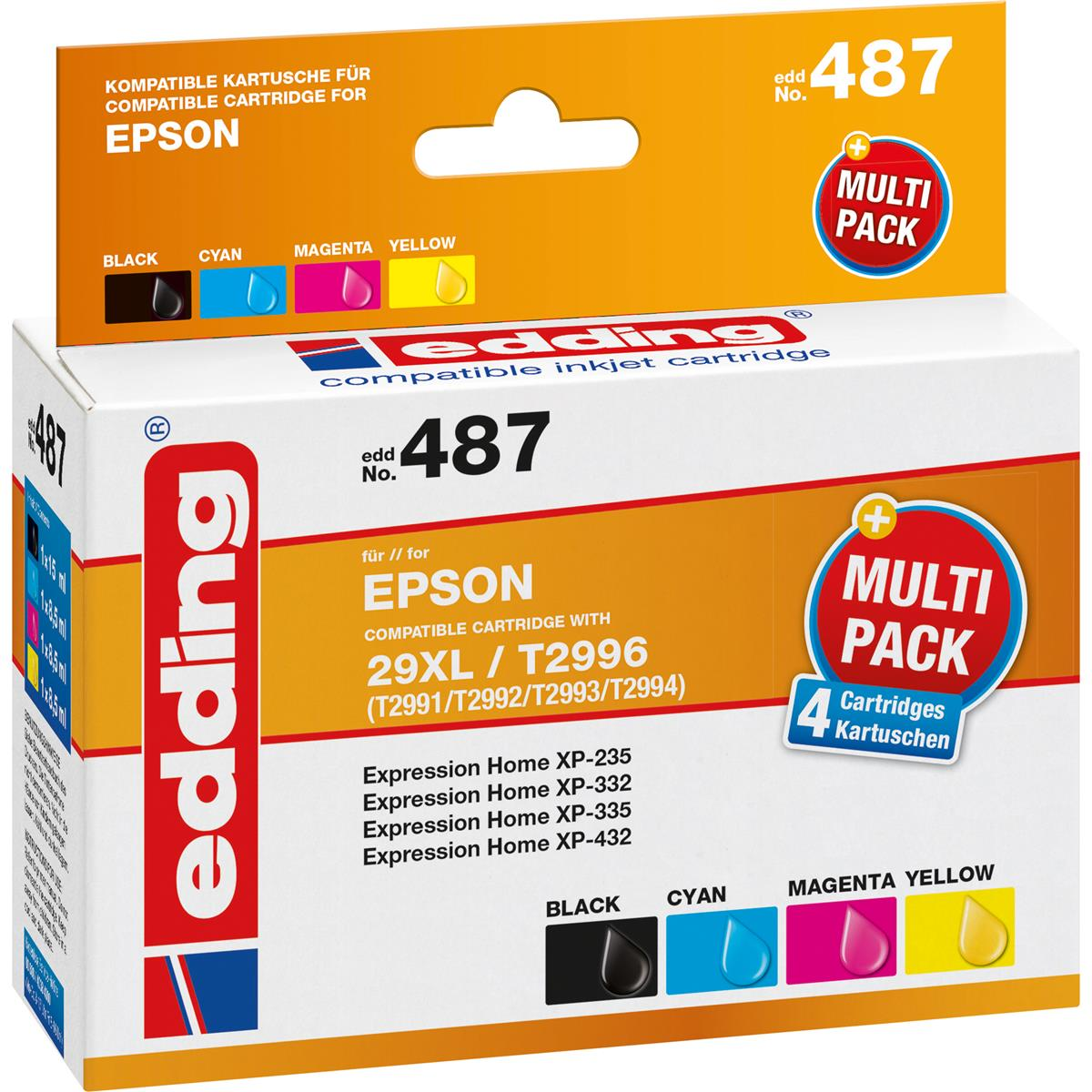Un multi-pack di cartucce d'inchiostro Edding 487 per stampanti Epson. La confezione mostra i colori: nero, ciano, magenta e giallo.