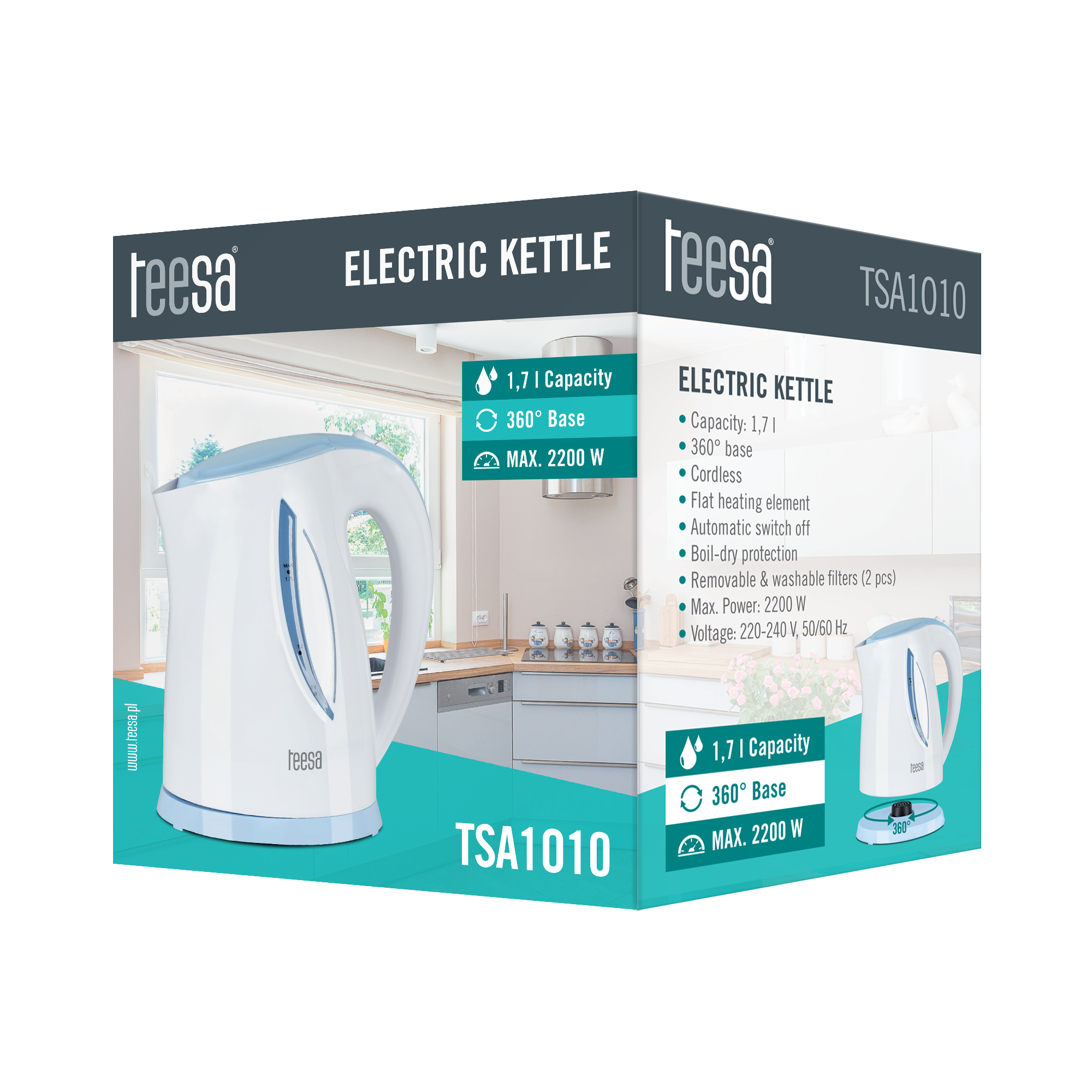 Biało-niebieski czajnik elektryczny na turkusowym tle. Tekst opisuje cechy czajnika i nazwę marki.