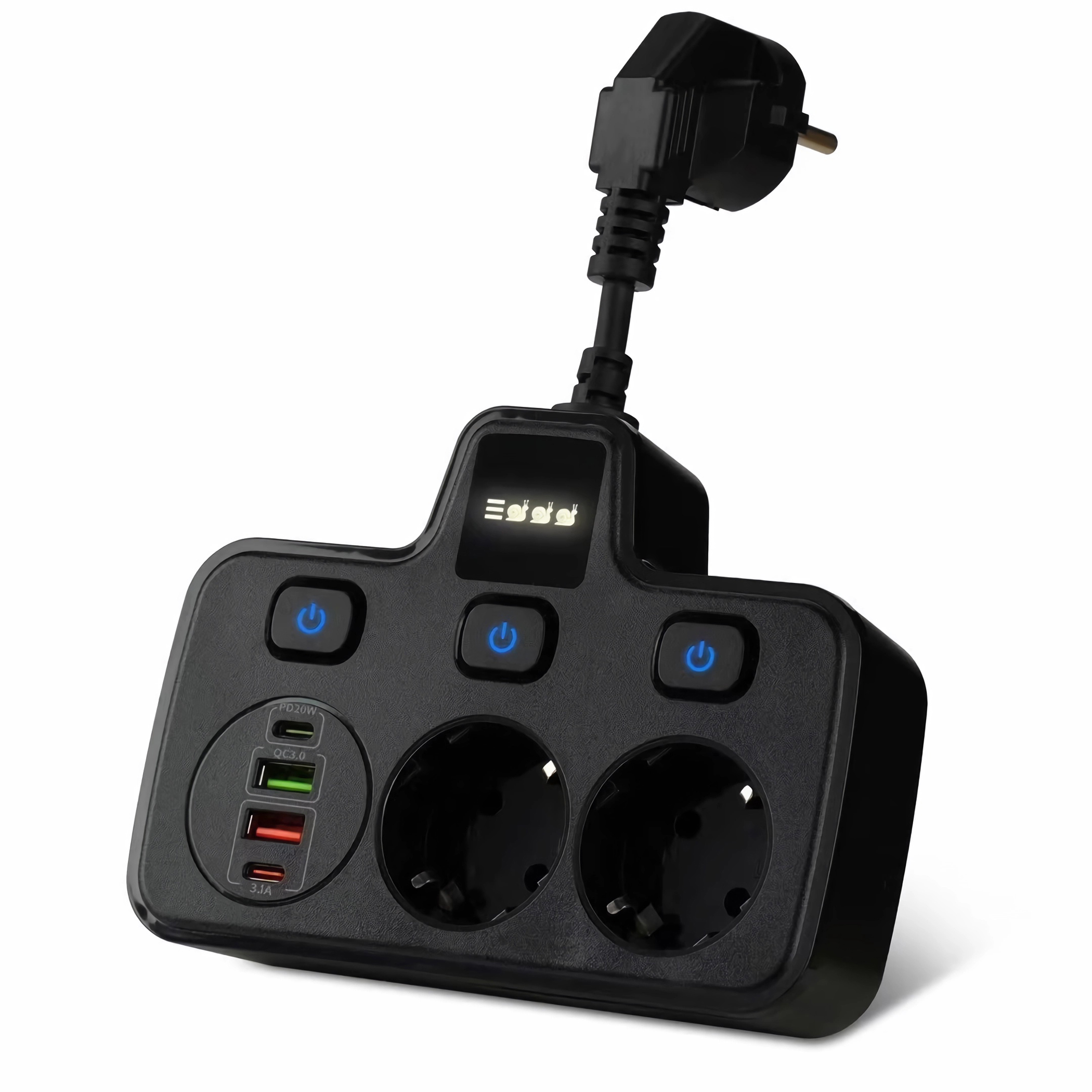 Schwarze Steckdosenleiste mit drei Steckdosen, USB-Anschlüssen und Power-Taste. Stecker oben.