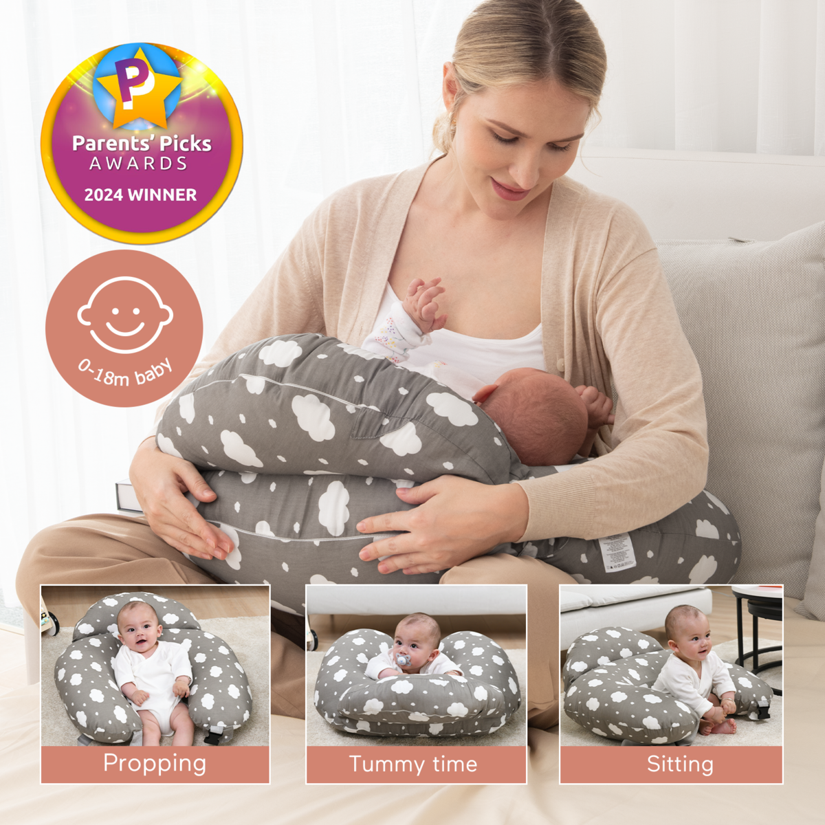 Eine Mutter stillt ein Baby mit einem wolkenförmigen Kissen. Andere Babys werden in verschiedenen Positionen mit demselben Kissen gezeigt.